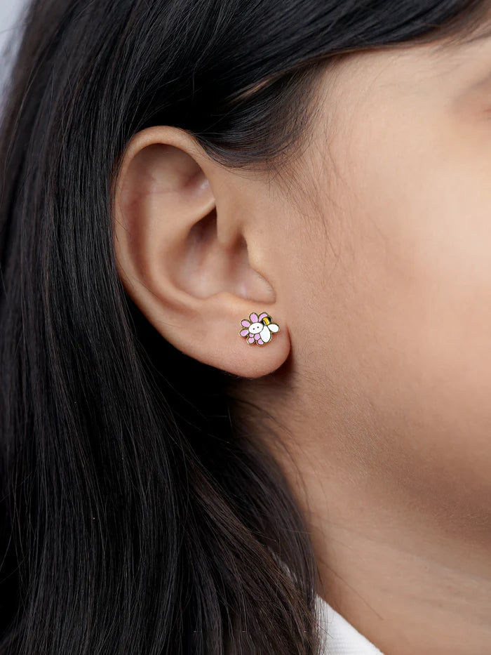Honey Bee Bloom Charm 18K Gold Plated Kid's Stud Earrings