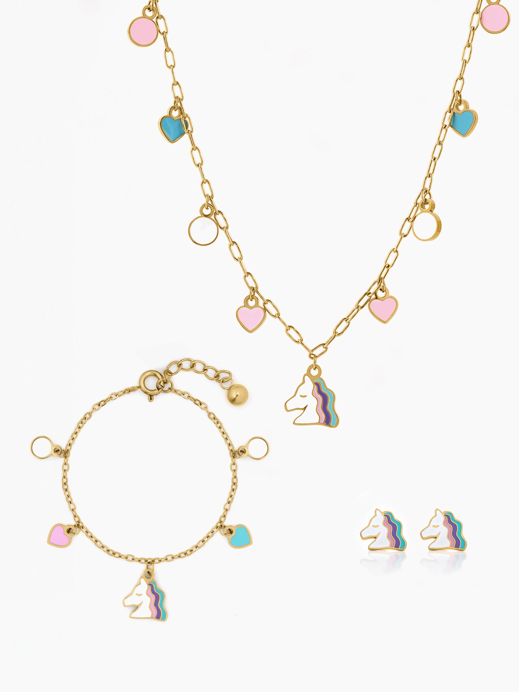 Hoo la Unicorn and Heart Charms Kid's Jewelry Set Of 3 - Necklace, Bracelet & Stud Earrings