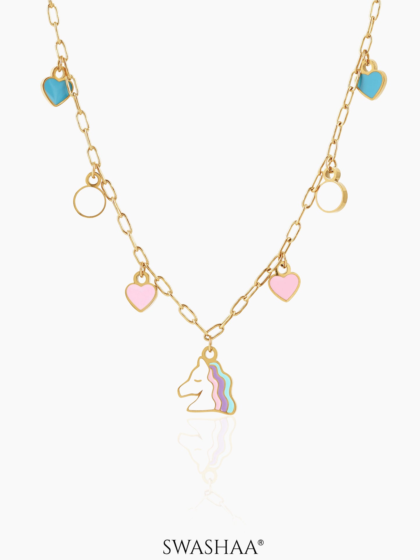 Hoo la Unicorn & Hearts Charms 18K Gold Plated Kid's Necklace