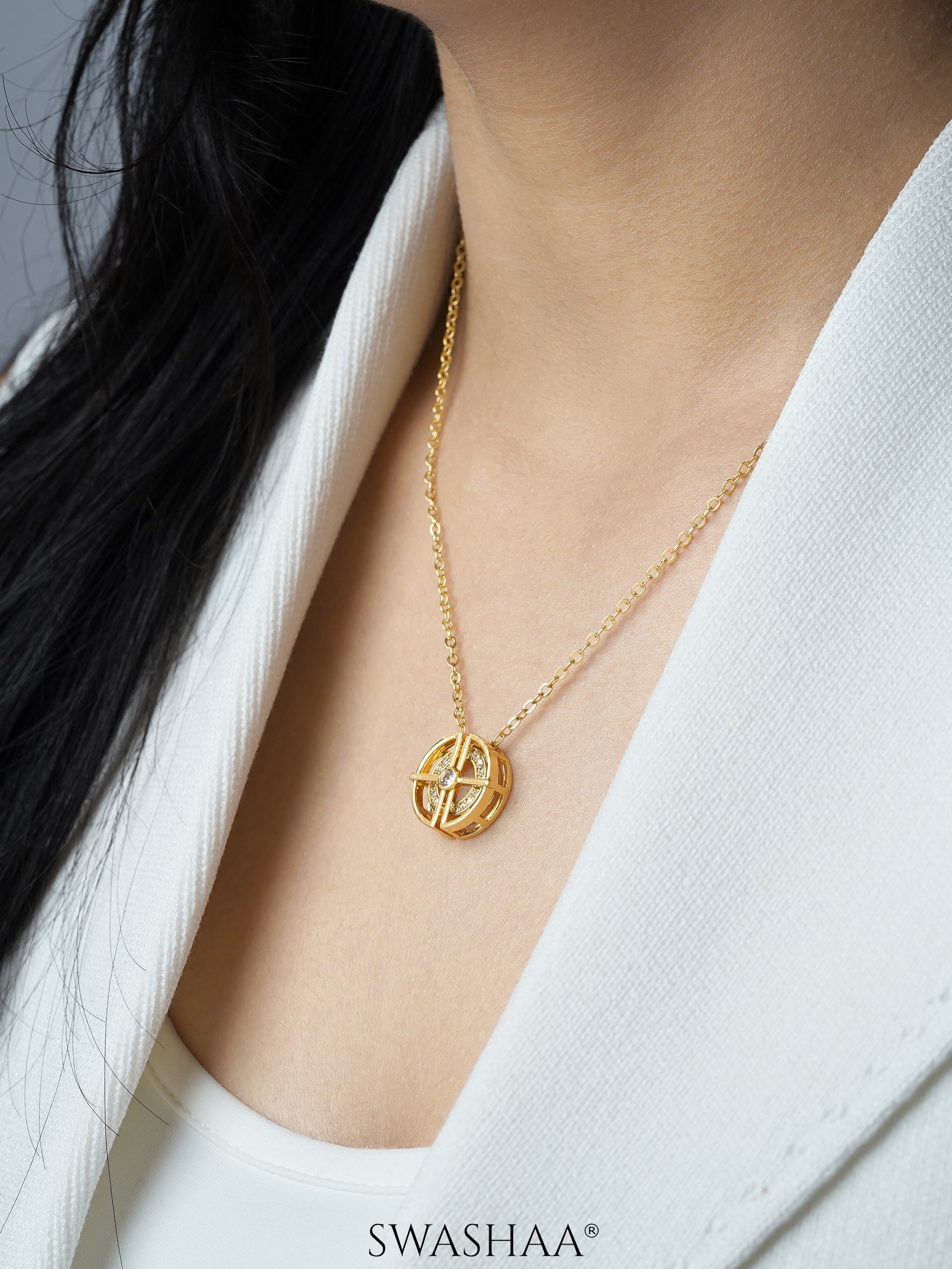 Hyni Diamond Round Charm18K Gold Plated Chain Pendant Necklace