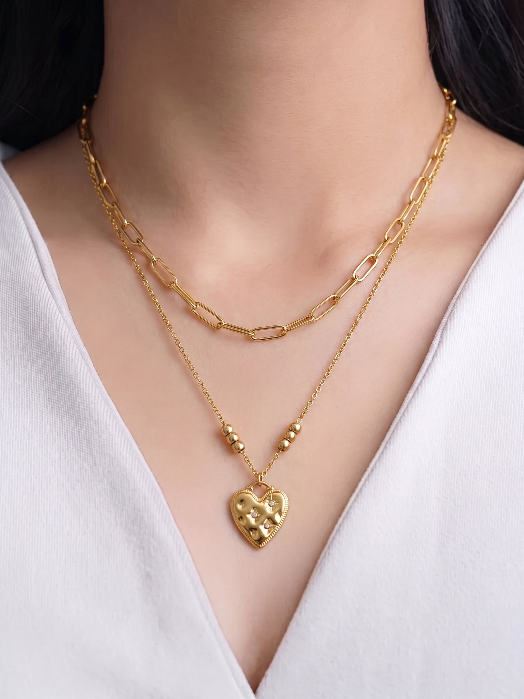 Lovie Heart Link Chain 18K Gold Plated Women's Layered Necklace