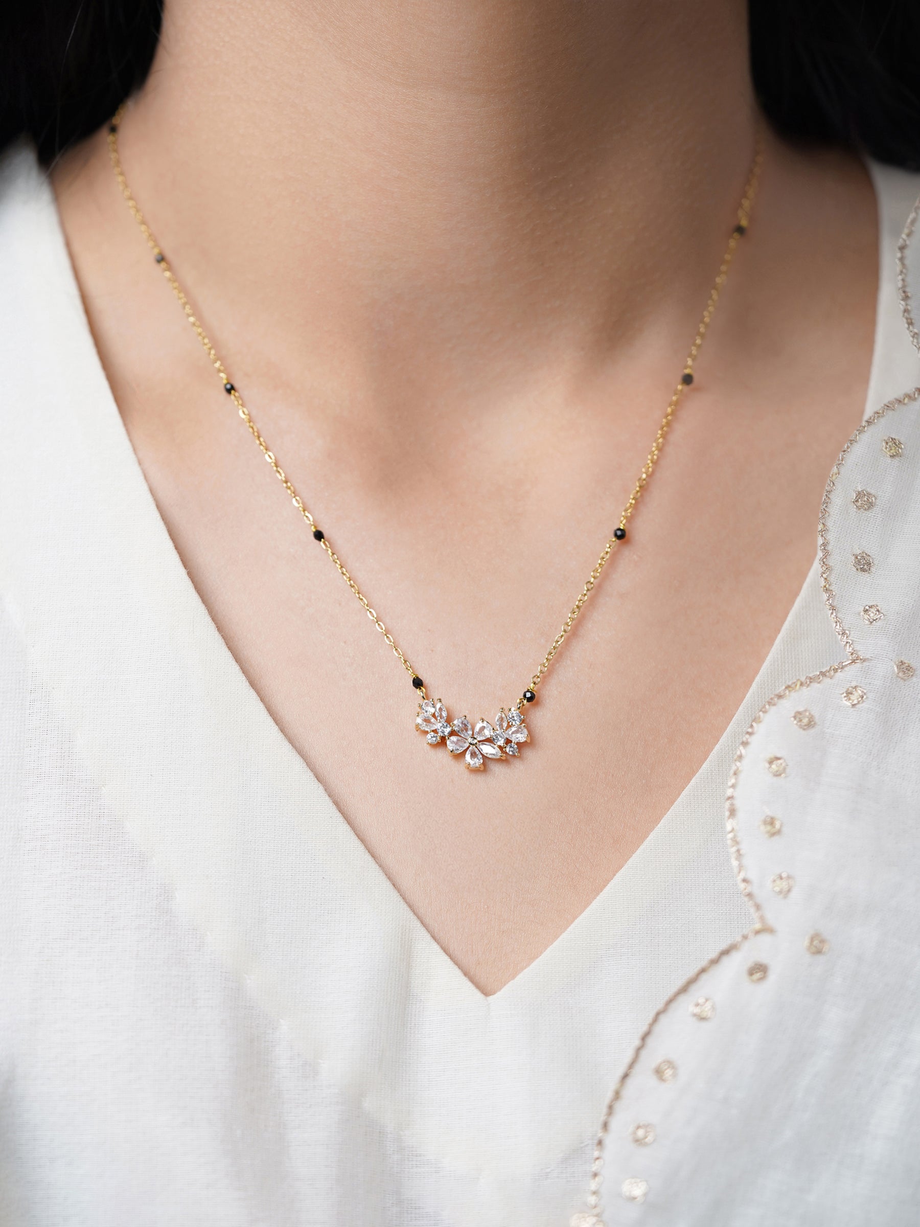 Inaaya Floral Shaped Diamond Cluster 18K Gold Plated Pendant Mangalsutra