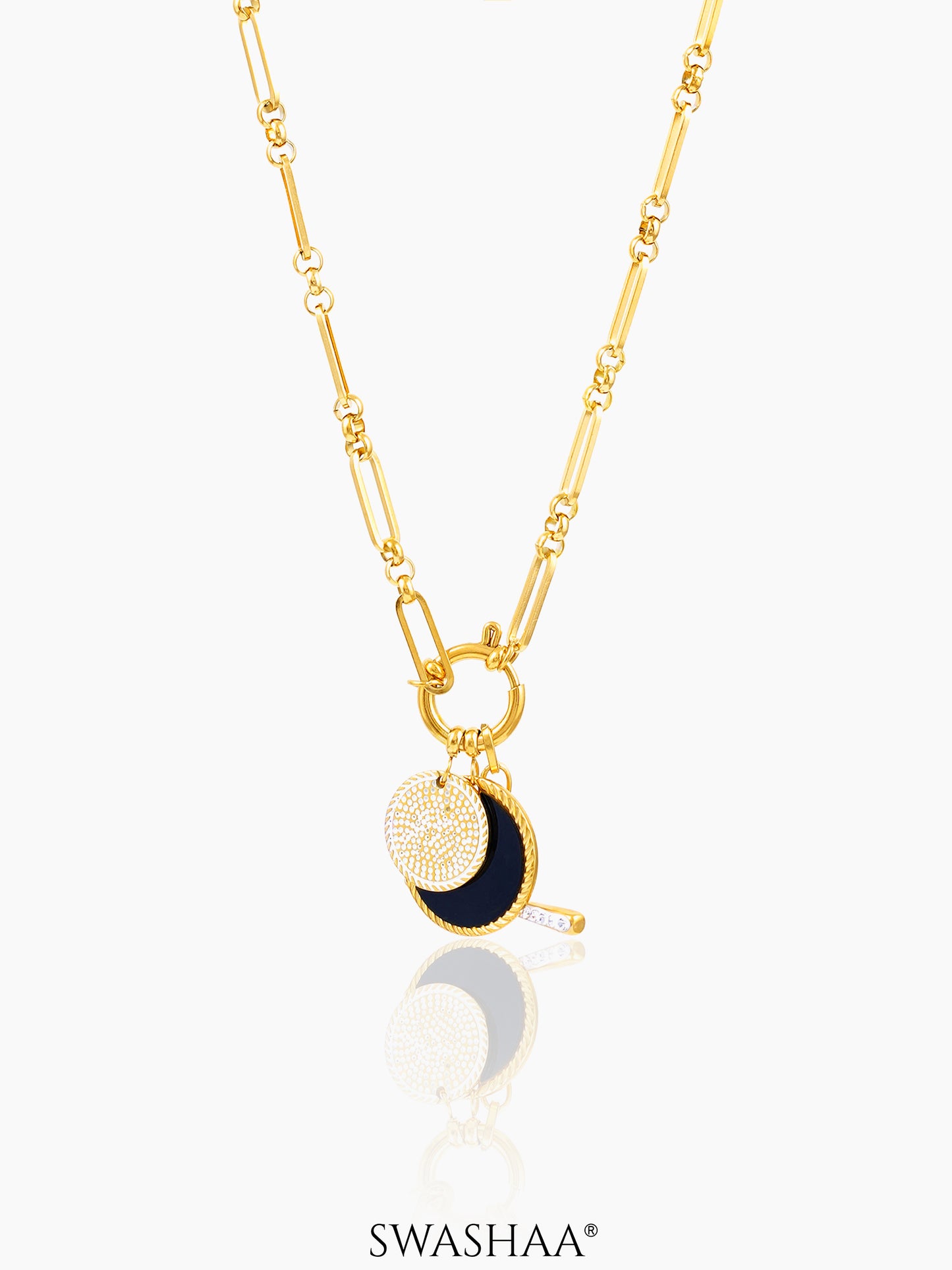 Selene Dual Coin Pave drop charms 18K Gold Plated Necklace
