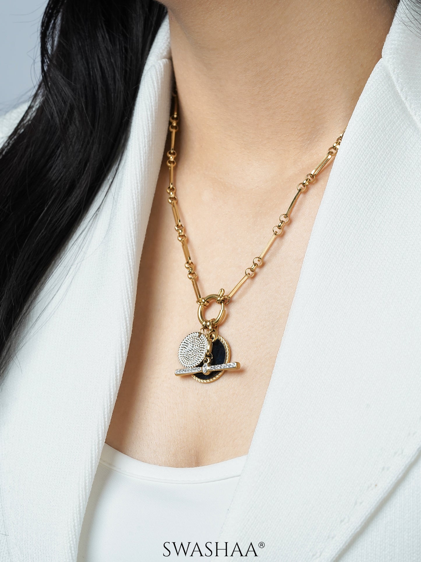 Selene Dual Coin Pave drop charms 18K Gold Plated Necklace