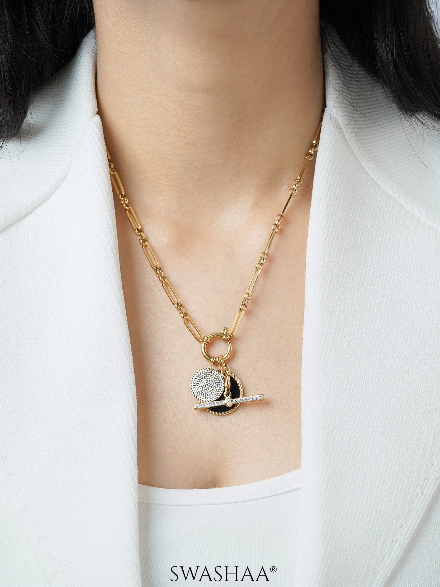 Selene Dual Coin Pave drop charms 18K Gold Plated Necklace