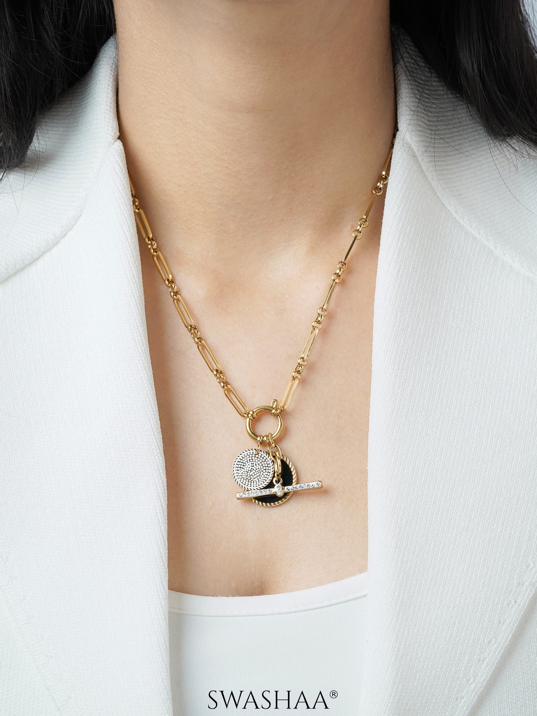 Selene Dual Coin Pave drop charms 18K Gold Plated Necklace