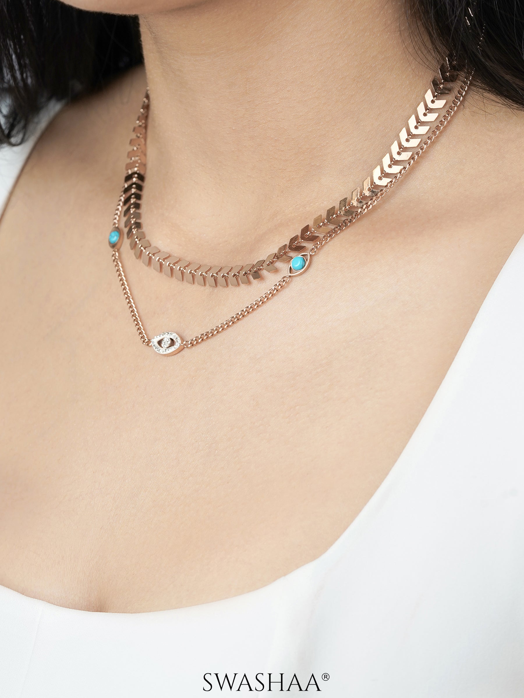 Ira Leaf DIamond Evil Eye Turquoise Beads Rosegold Plated Chain Pendant Necklace