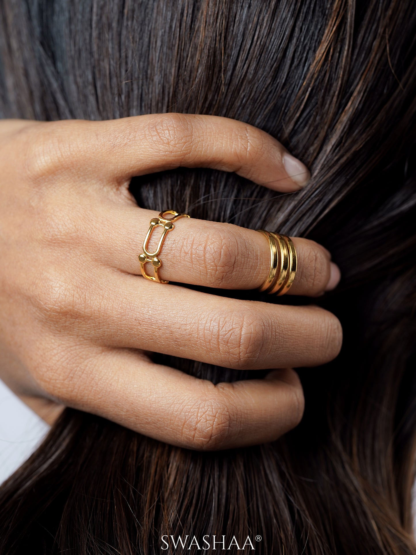 Levi Hollow Frame 18K Gold Plated Ring, Irya Triple Layered 18K Gold Plated Ring