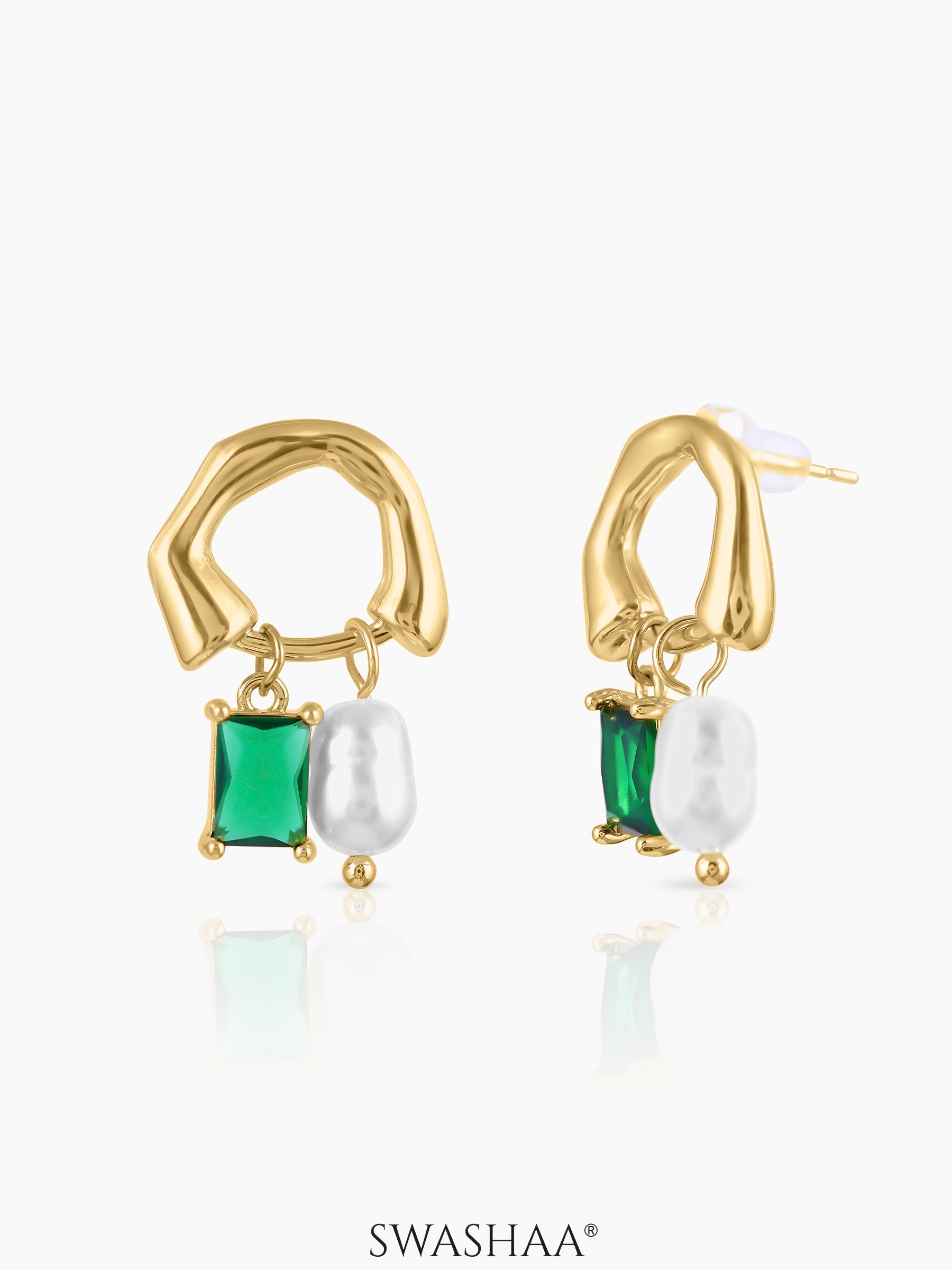 Isolde Dangling Green Stone White Pearl 18K Gold Plated Earrings