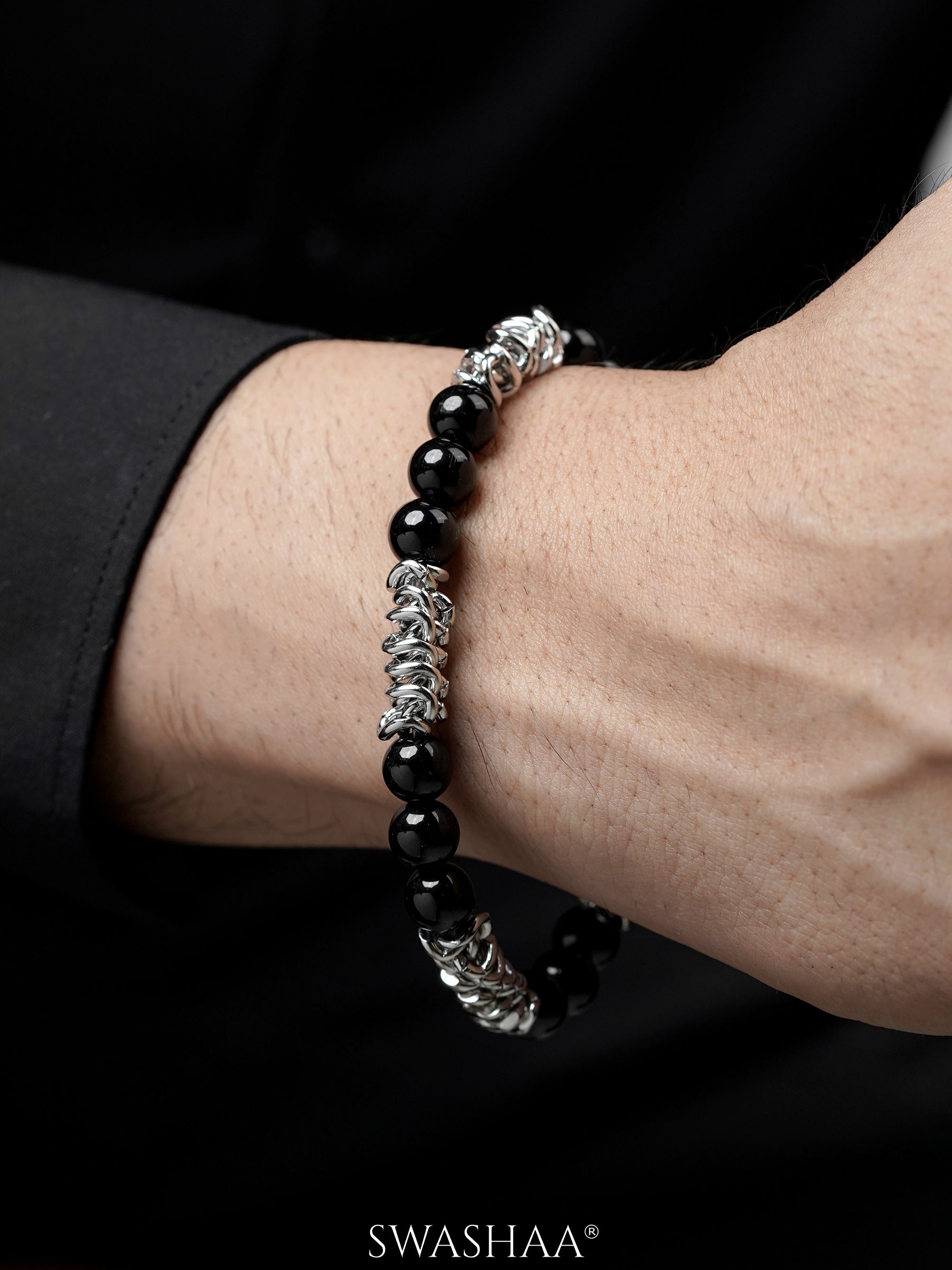 Istan Glossy Black Beads Spiral Coils Silver Men's Beaded Bracelet