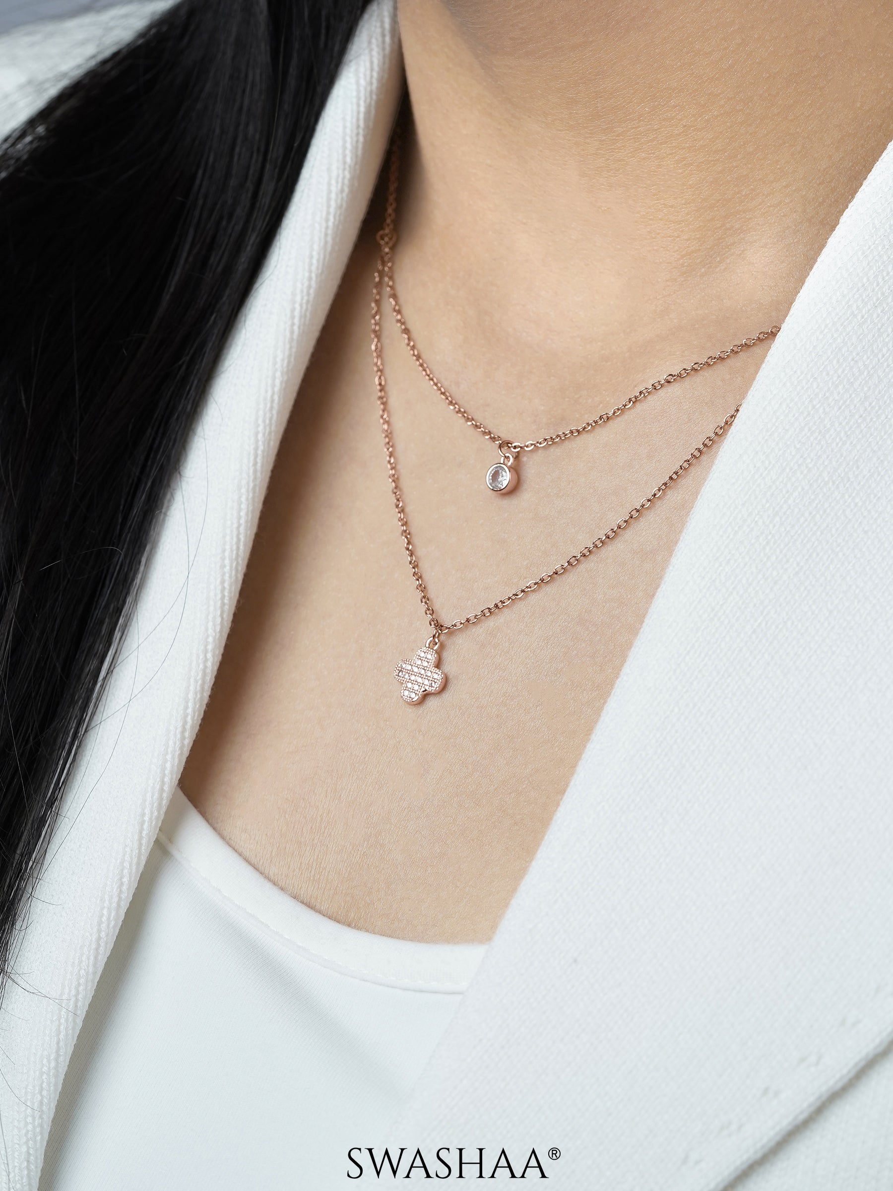 It Girl Clover Layered Diamond Rosegold Plated Chain Pendant Necklace