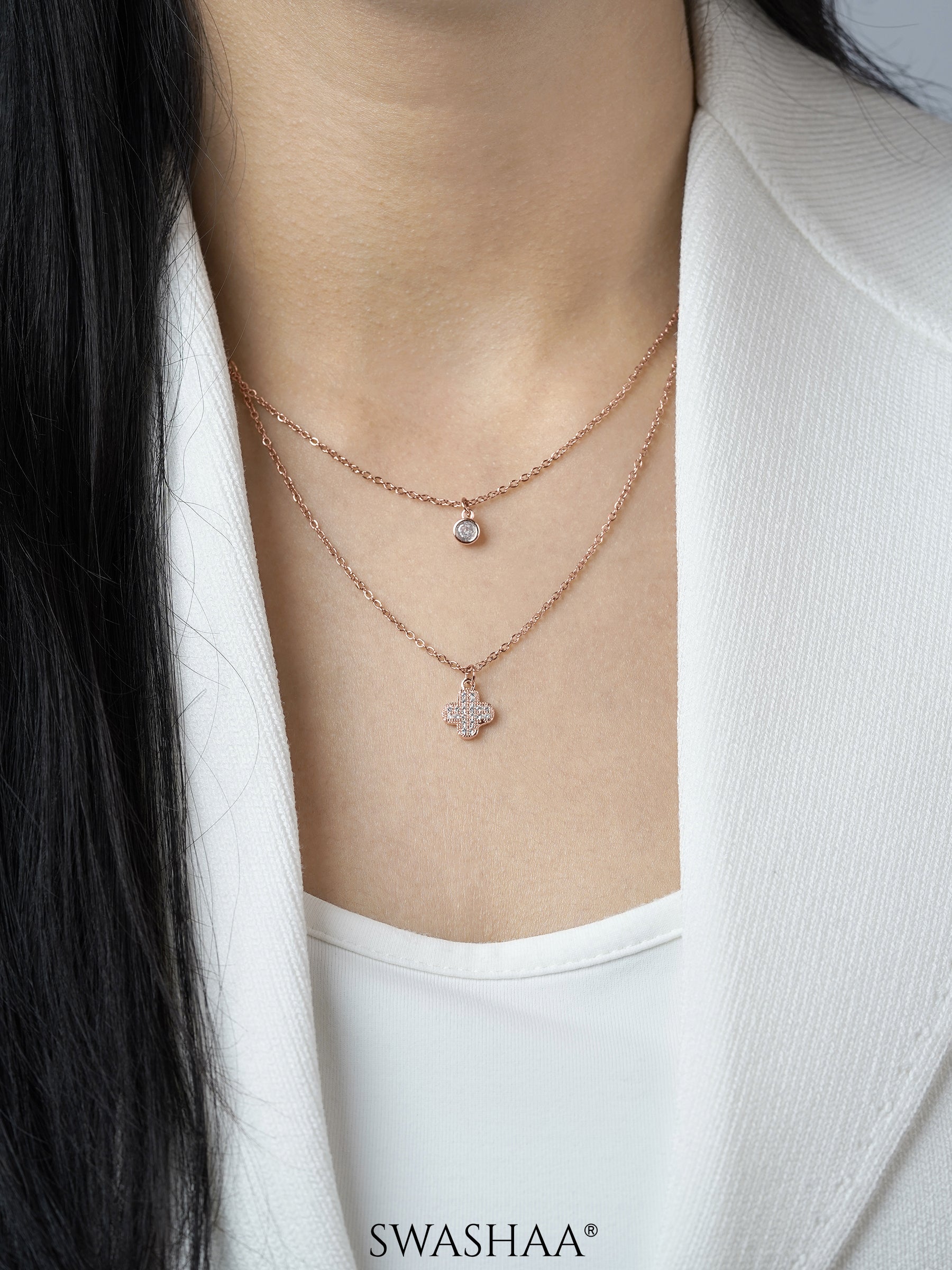 It Girl Clover Layered Diamond Rosegold Plated Chain Pendant Necklace