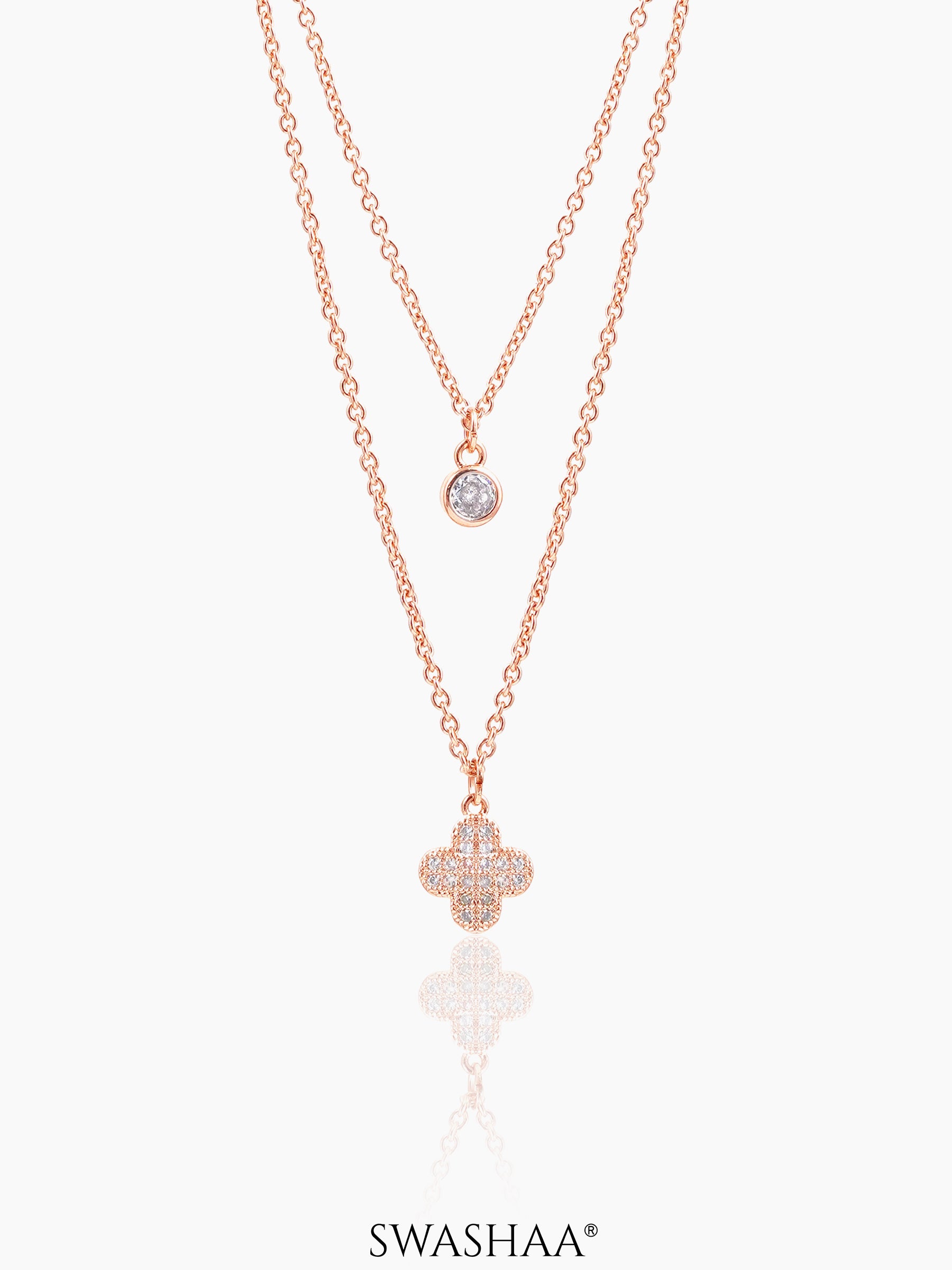 It Girl Clover Layered Diamond Rosegold Plated Chain Pendant Necklace