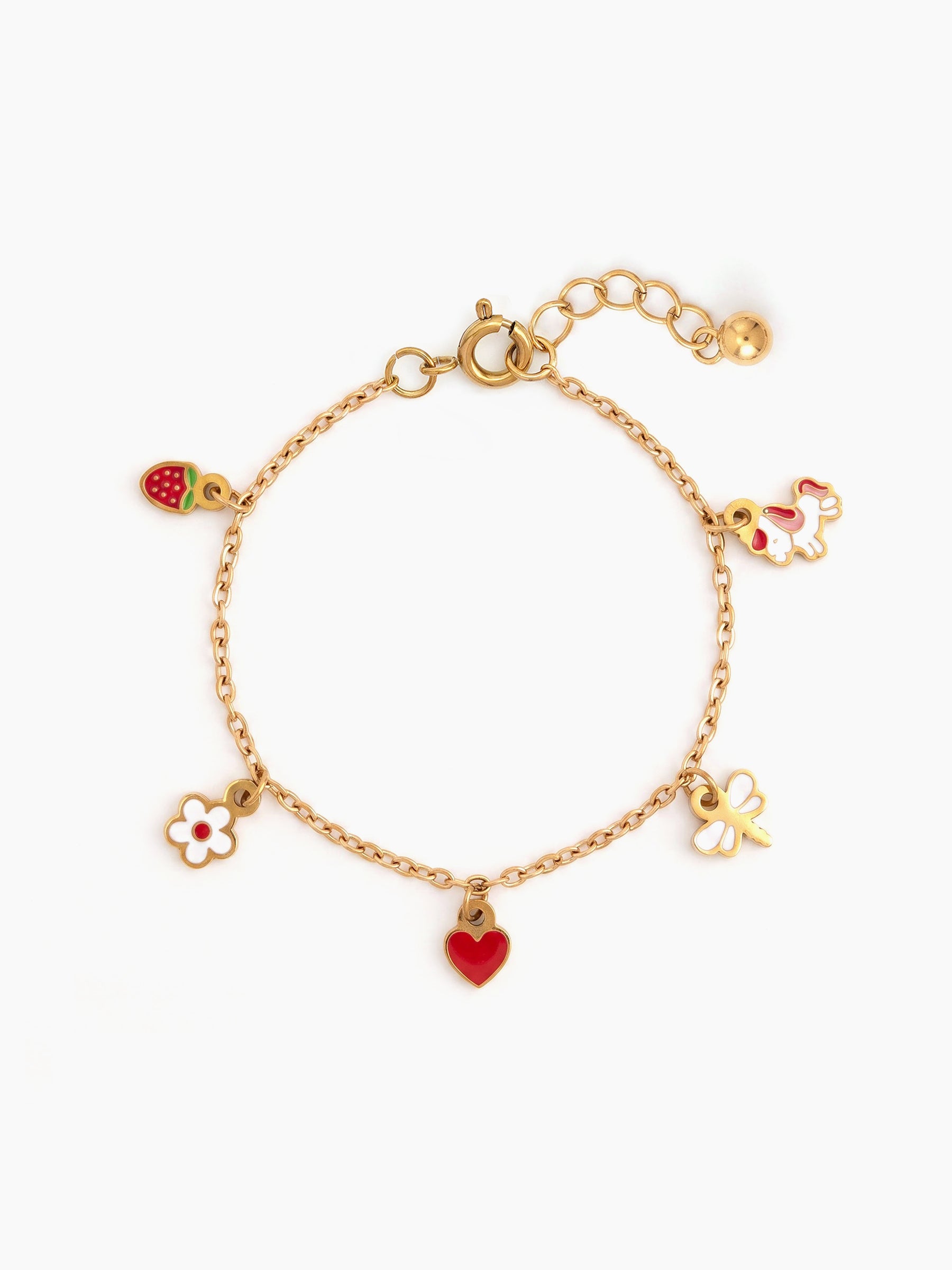 Itsy Heart Charms Cherry Heart Blush Heart ,Unicorn, Strawberry,Flower, Fly Charms 18K Gold Plated Kid's Bracelets