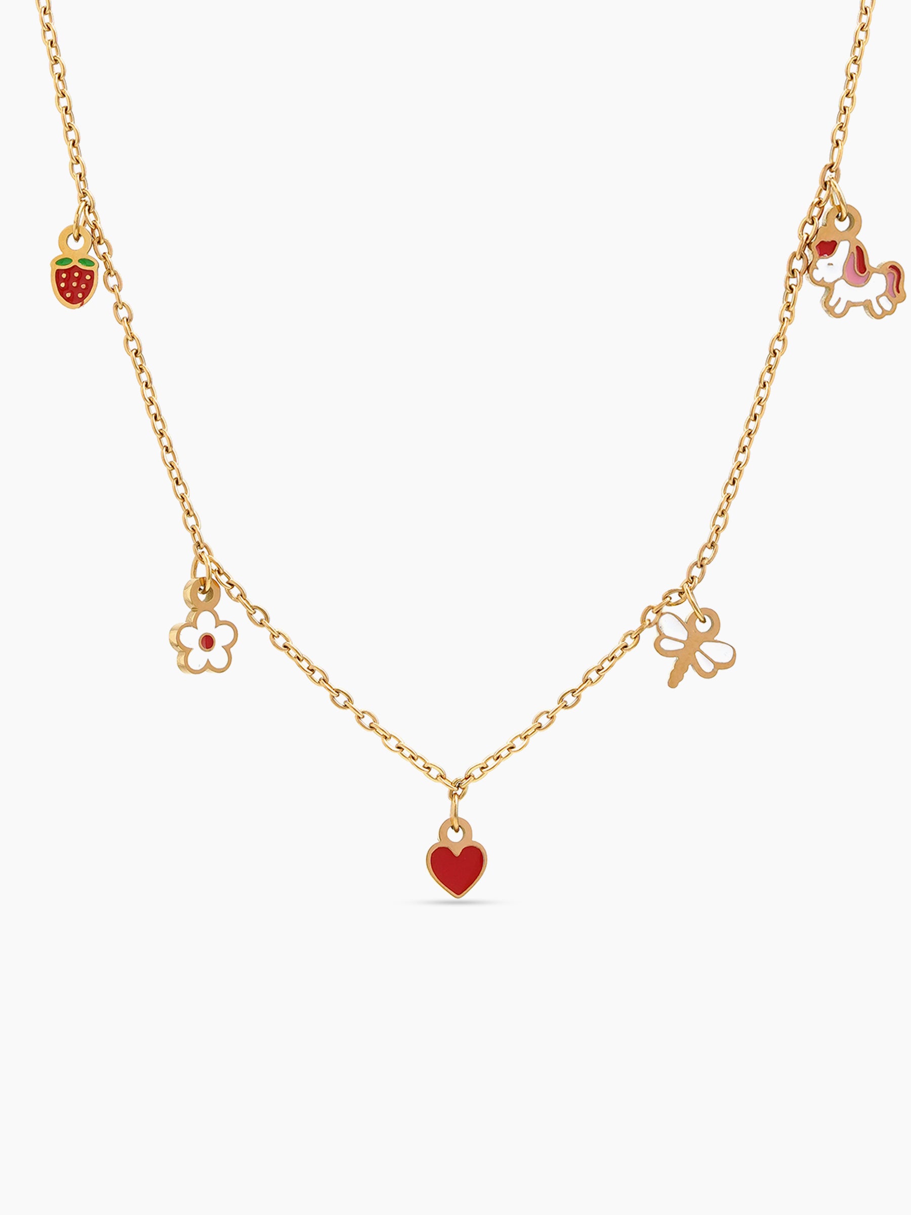 Itsy Heart Charms Cherry Heart Blush Heart ,Unicorn, Strawberry,Flower, Fly Charms 18K Gold Plated Kid's Necklaces