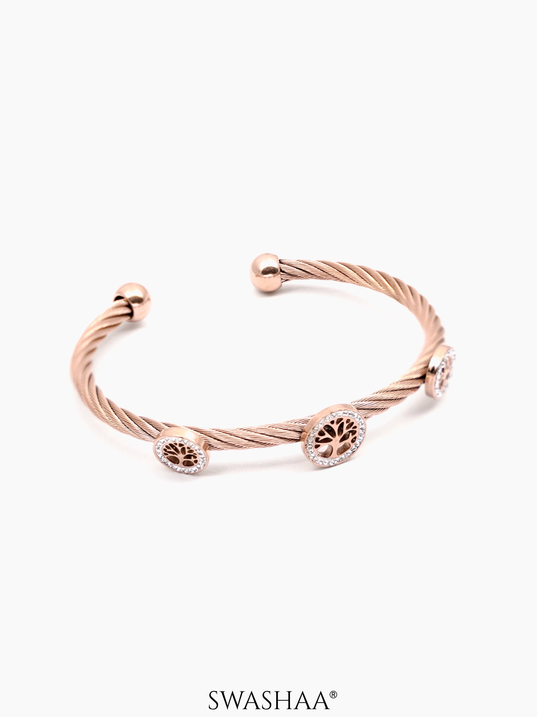 Izalea Three Lifetree Charm Diamond Cuff Rosegold Plated Bracelet