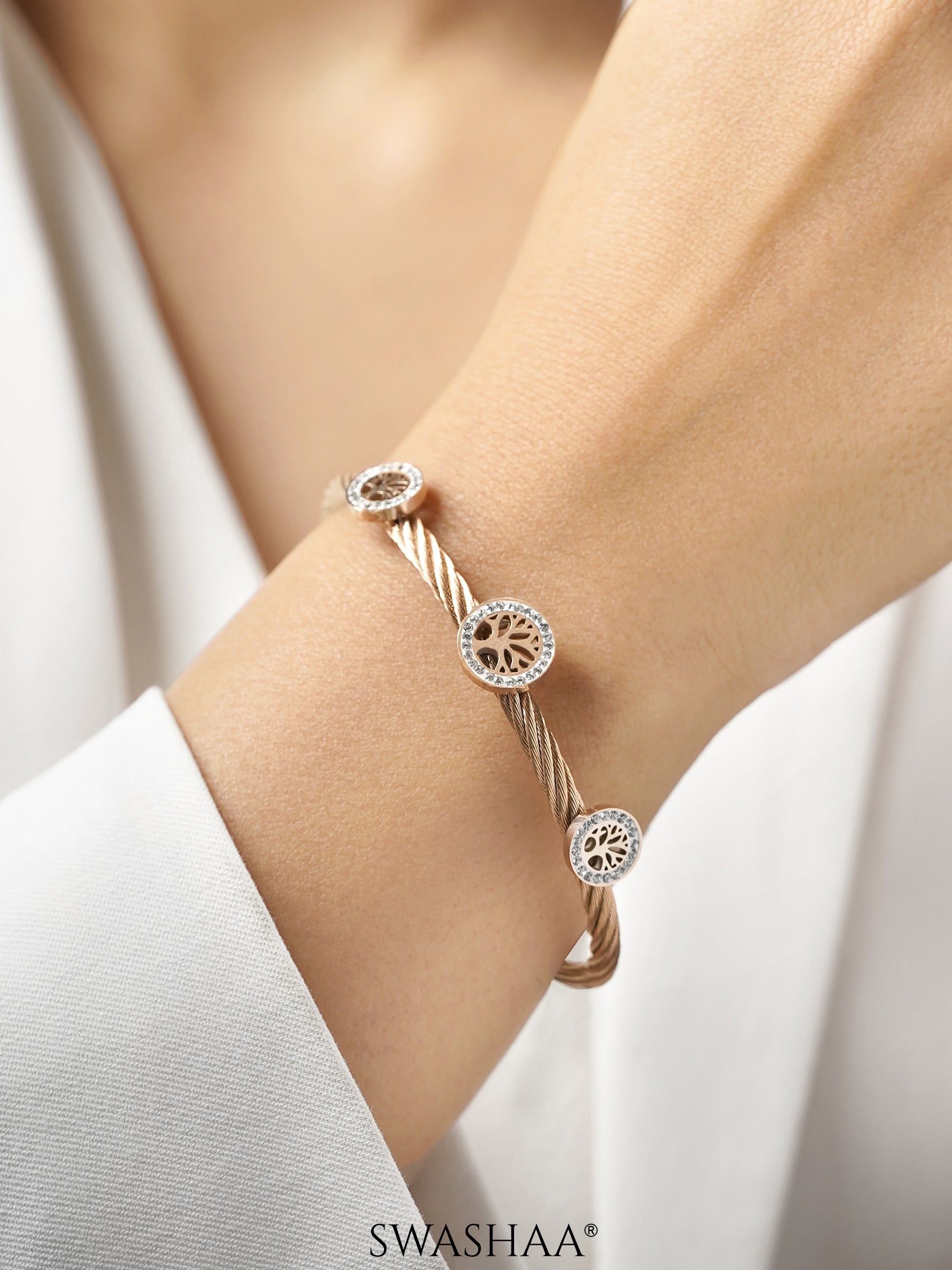 Izalea Three Lifetree Charm Diamond Cuff Rosegold Plated Bracelet