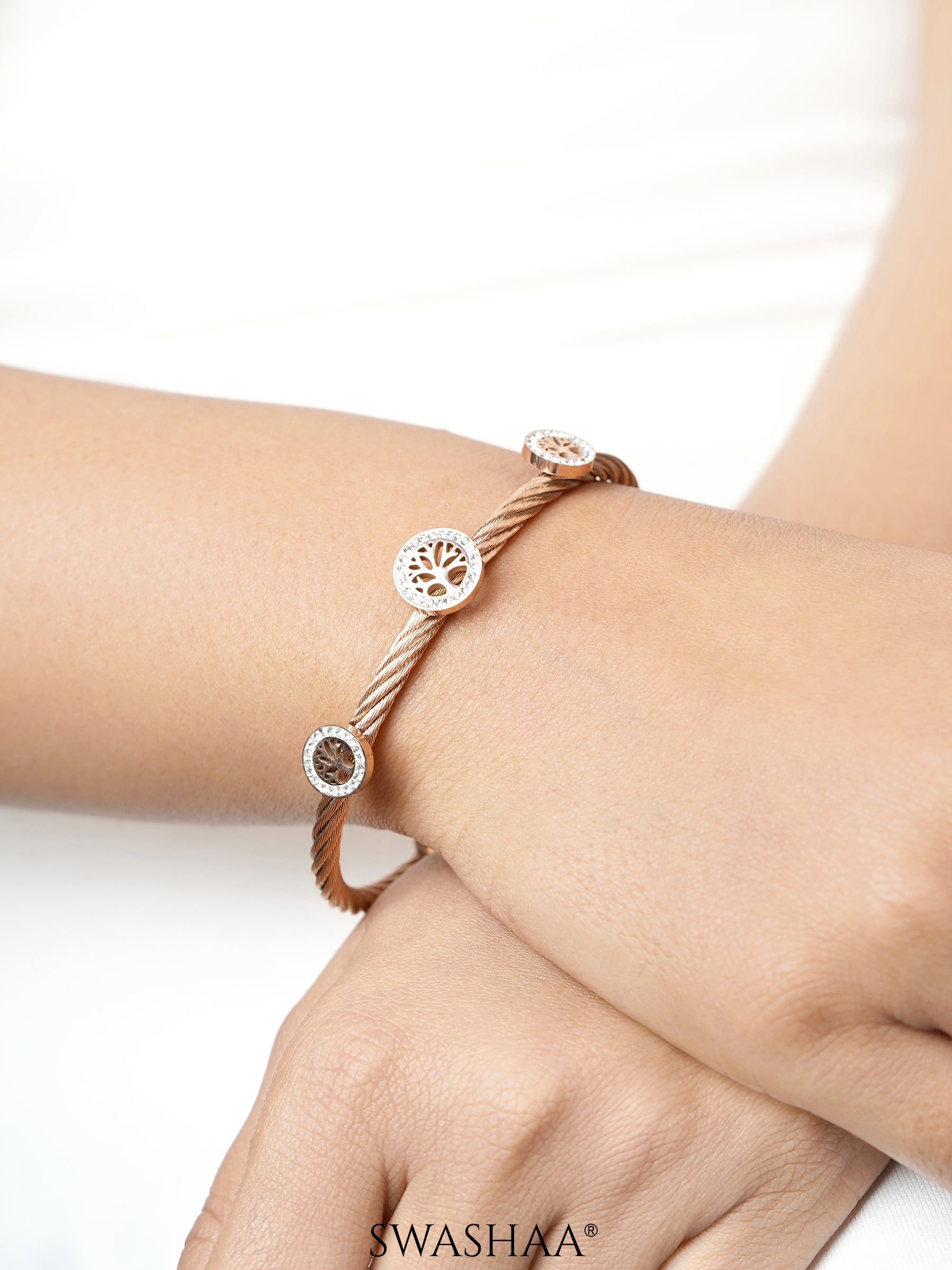 Izalea Three Lifetree Charm Diamond Cuff Rosegold Plated Bracelet