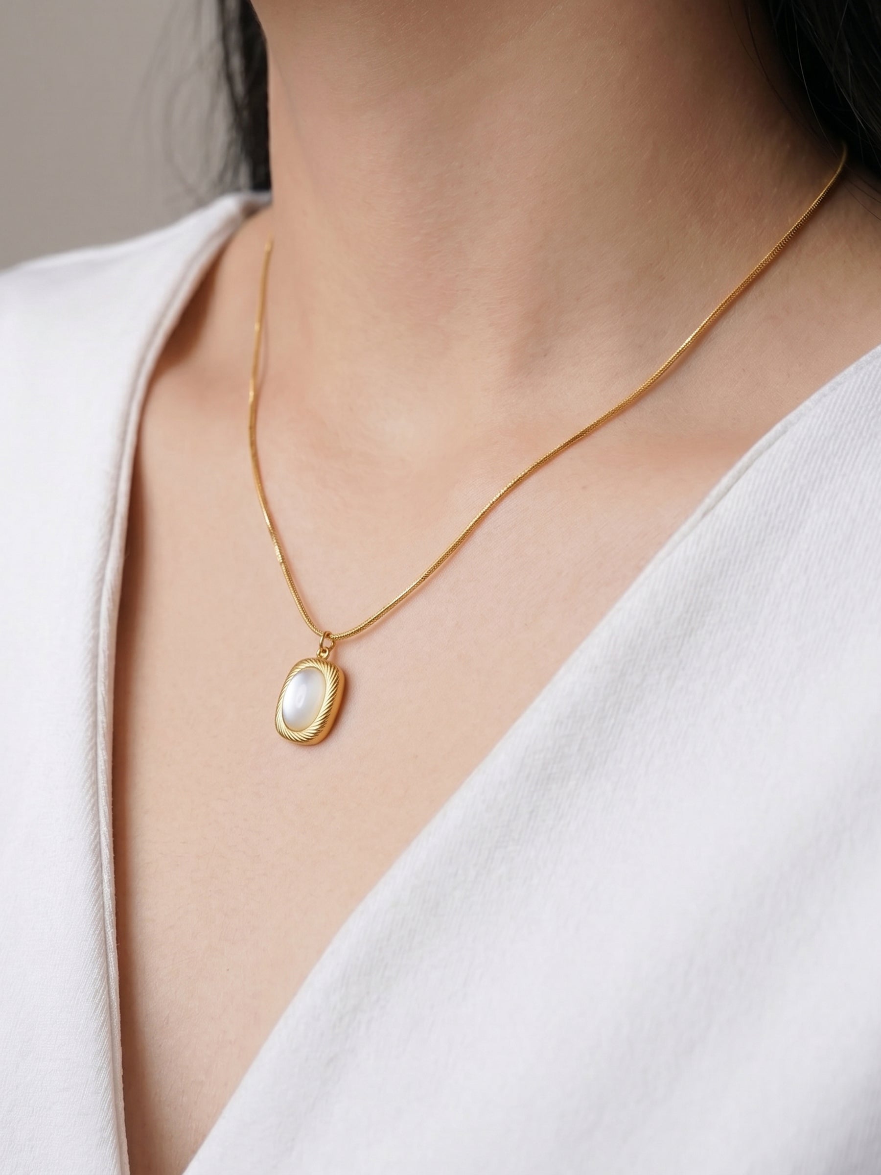 Jade Pearl Pendant With a Smooth White Oval Stone 18K Gold Plated Chain Pendant