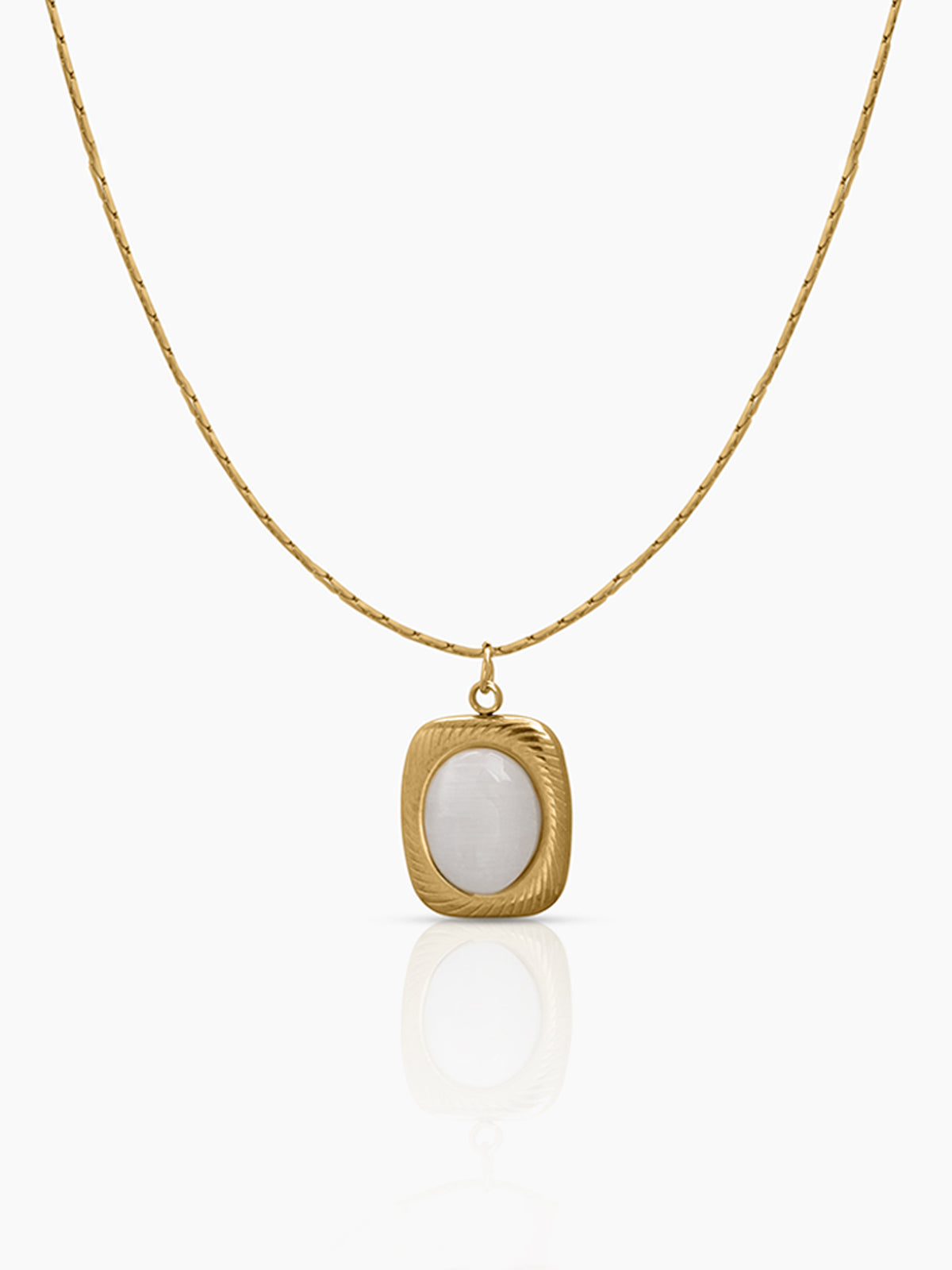 Jade Pearl Pendant With a Smooth White Oval Stone 18K Gold Plated Chain Pendant