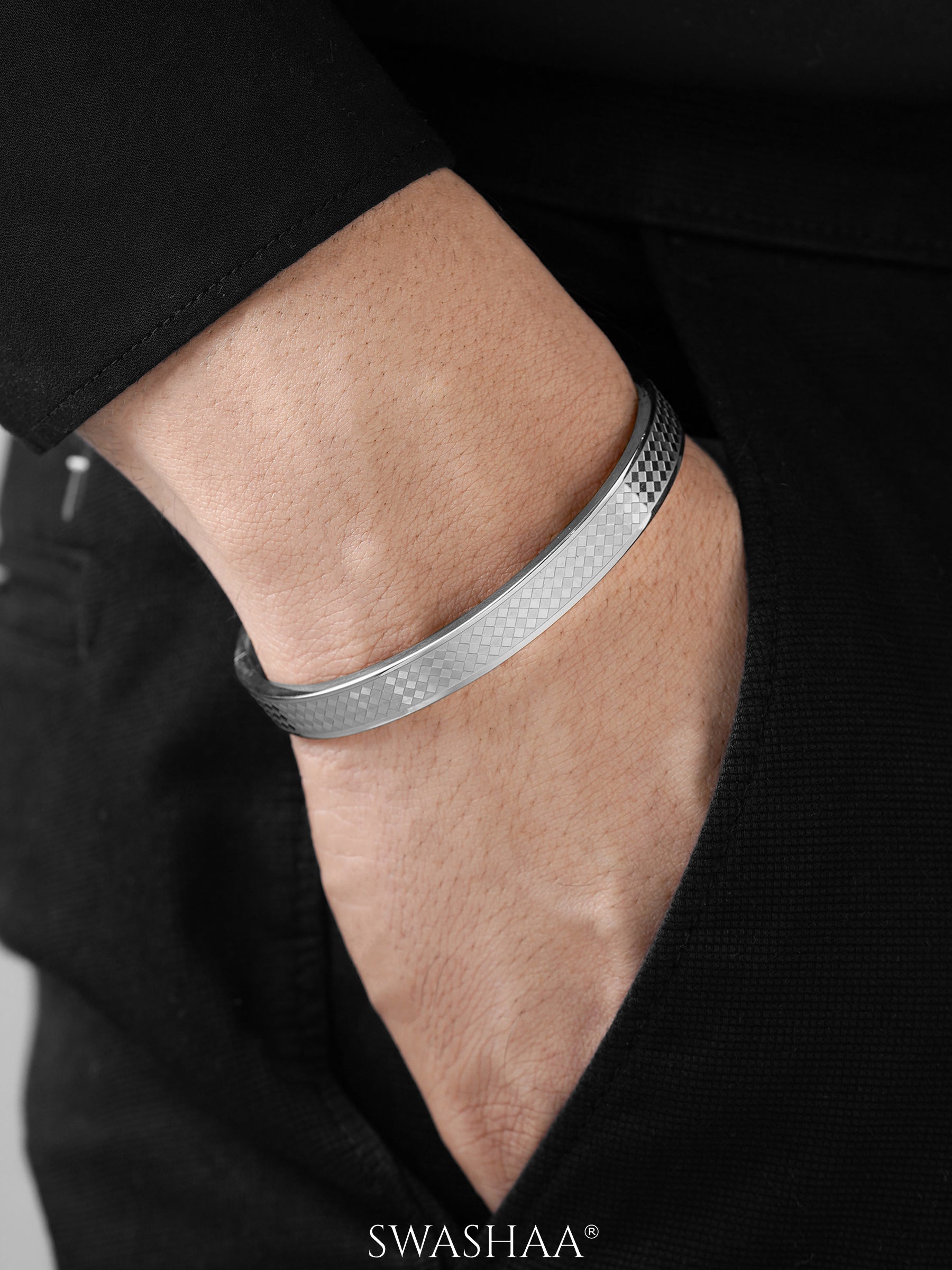 Jaden Grid Texture Silver Men's Kada