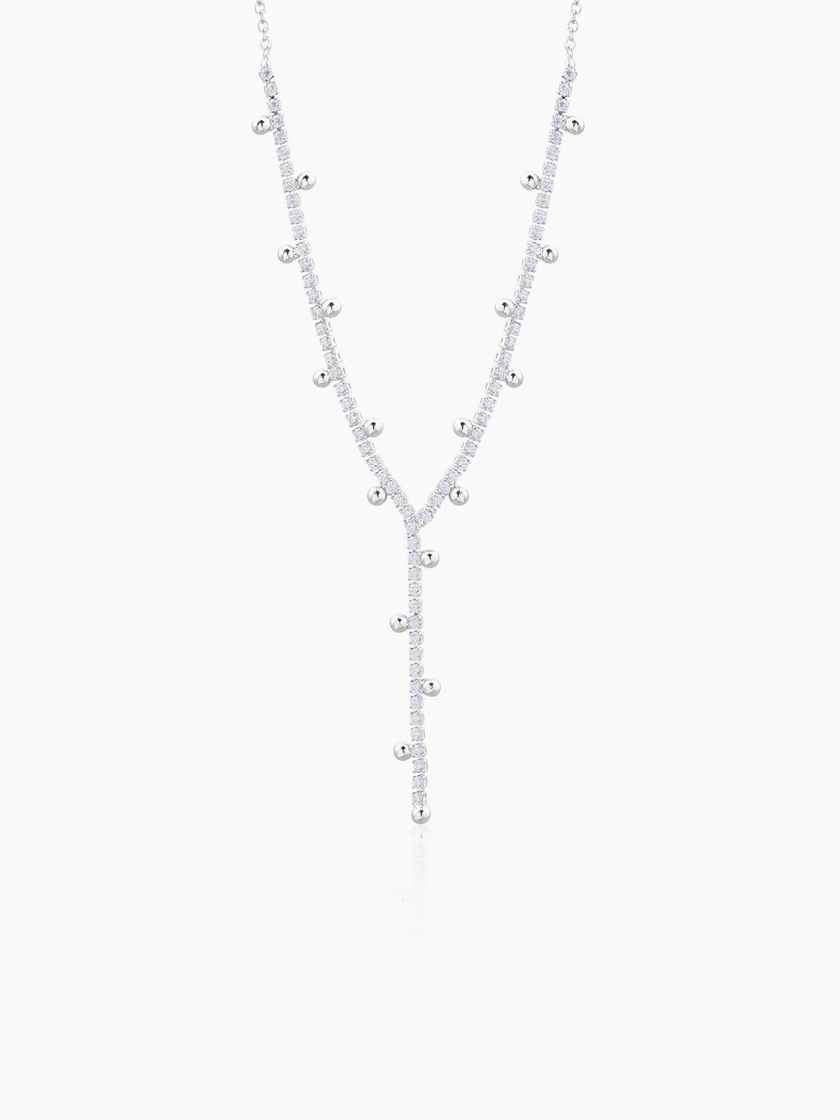 Jane Silver Beads Charms Diamonds Studded Y-shaped Chain Pendant Necklace