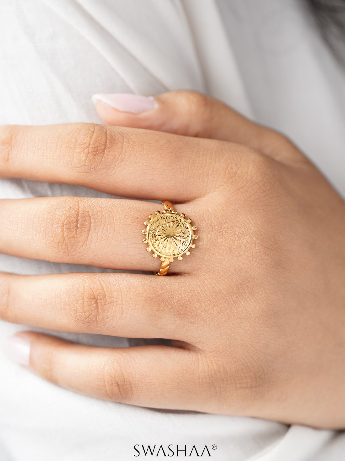 Jemima Textured Circular Medallion 18K Gold Plated Ring