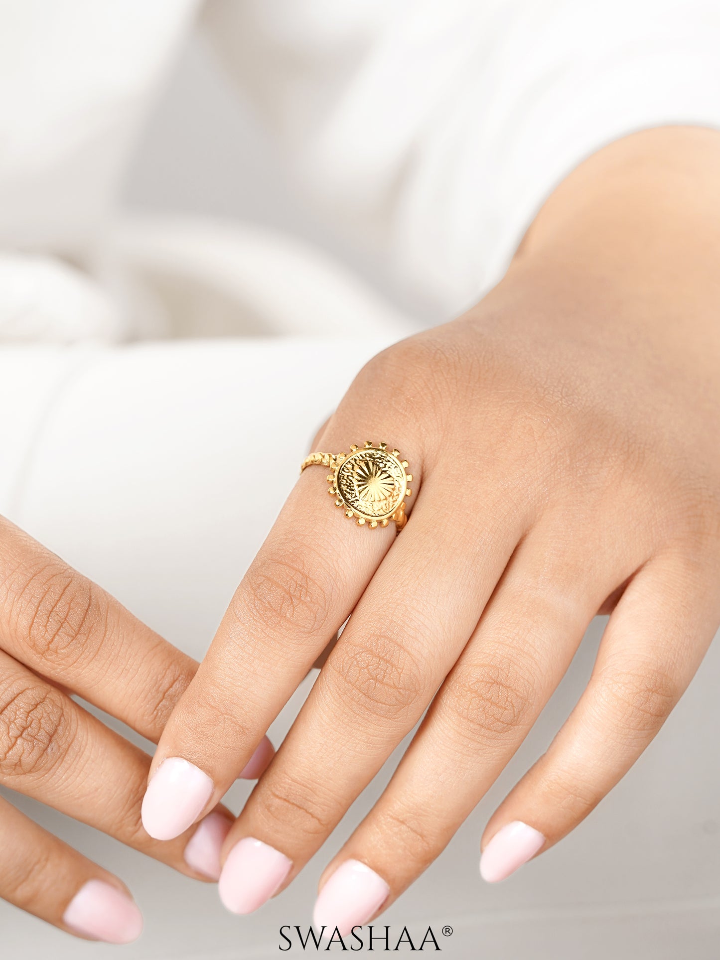 Jemima Textured Circular Medallion 18K Gold Plated Ring