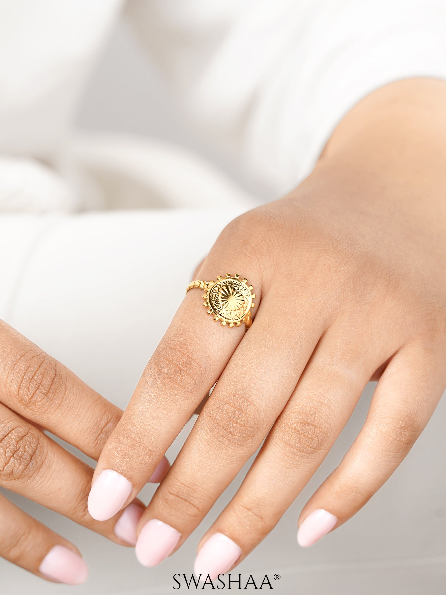Jemima Textured Circular Medallion 18K Gold Plated Ring