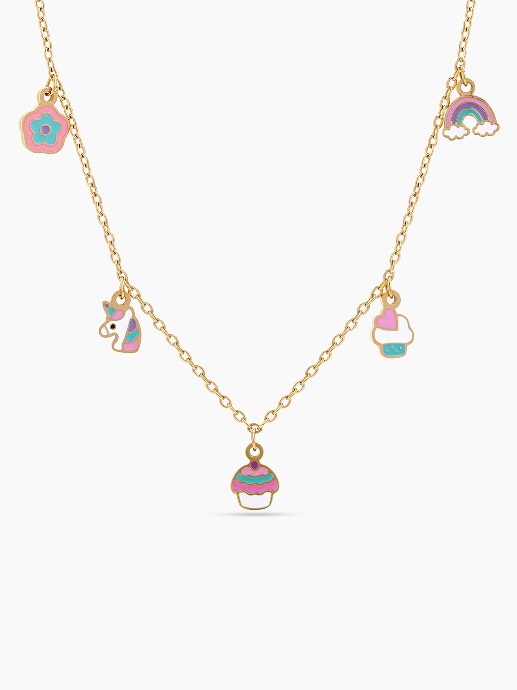Jiggly Magical Charms Flower, Unicorn, Cupcake,Rainbow 18K Gold Plated Kid's Chain Pendant Necklaces