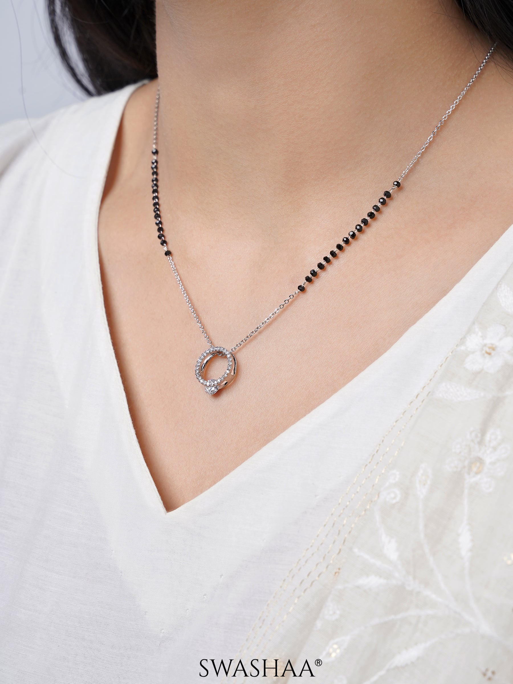 Jiya Circular Diamond Studded Silver Mangalsutra