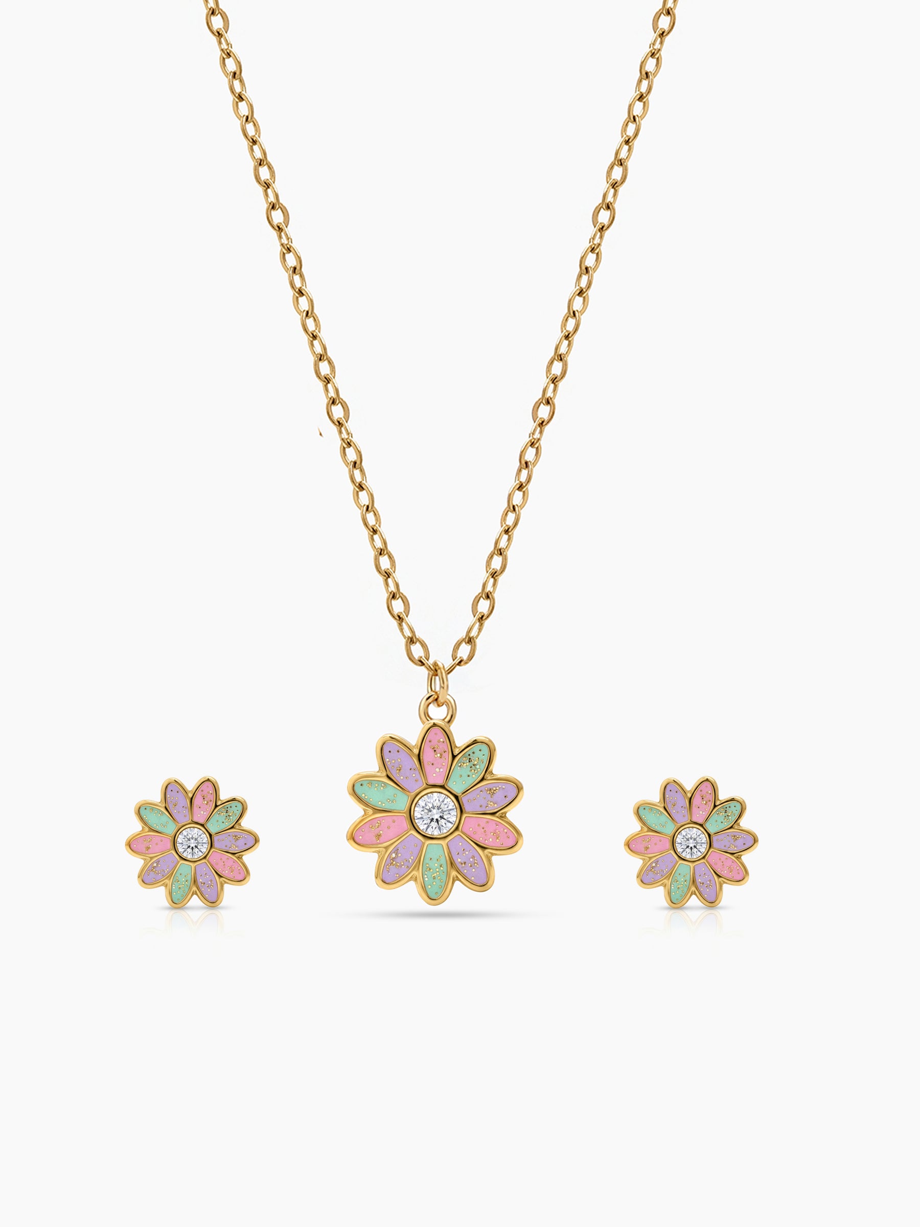 Jolly Flower Bloom Solitaire Diamond 18K Gold Plated Kid's Jewelry Set