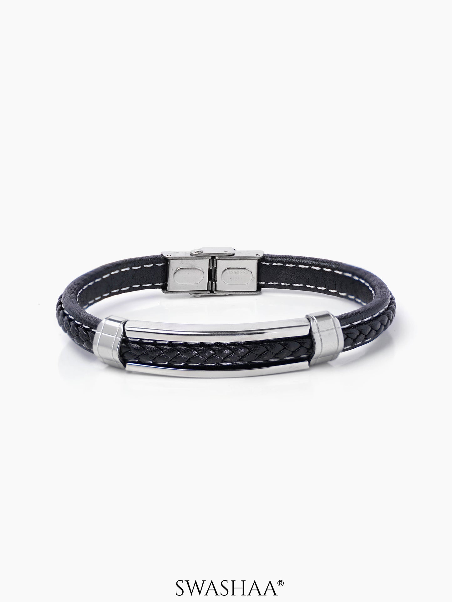 Griffin Dual Strand Black Grey Band Men's Leather Bracelet