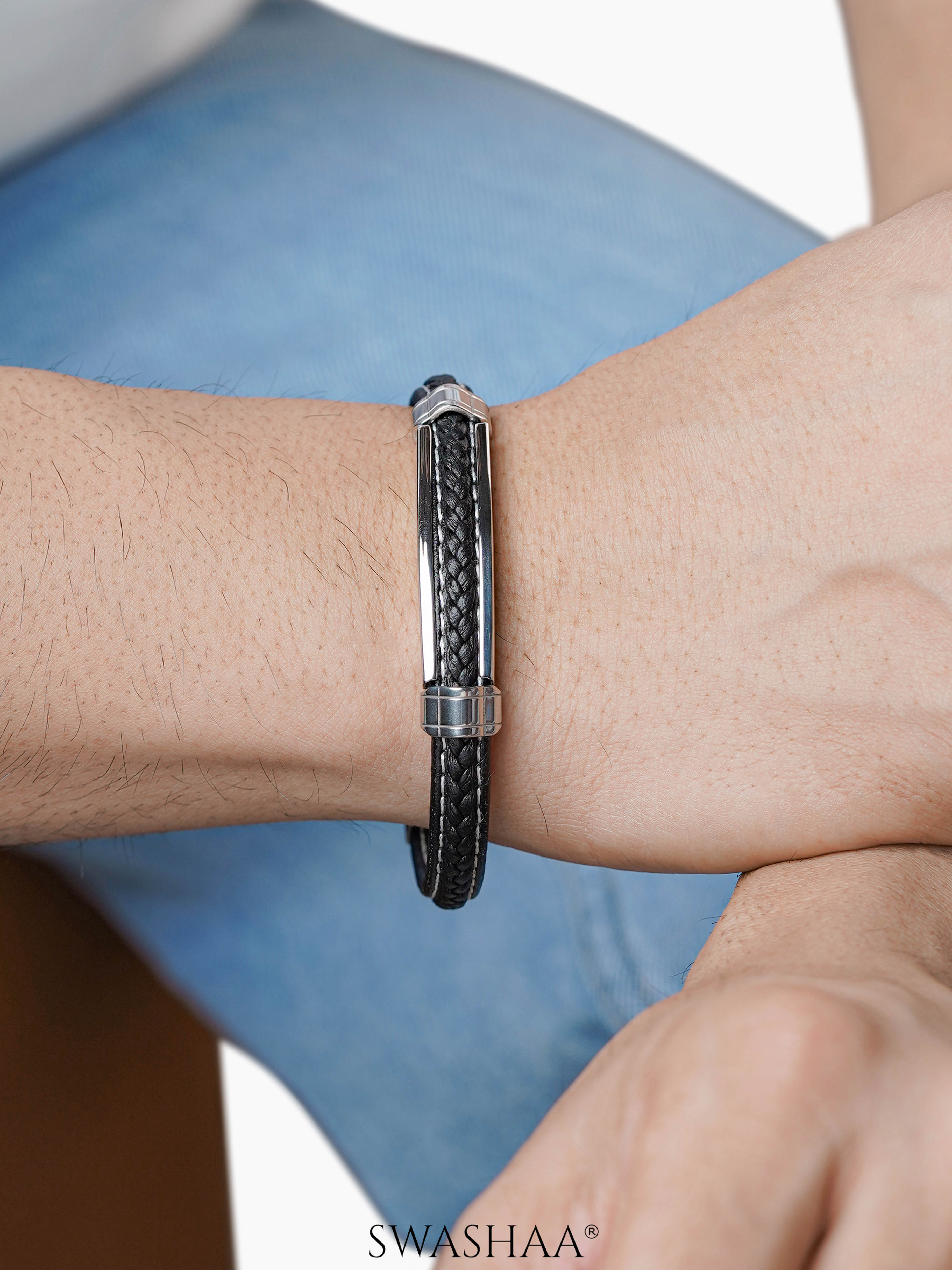 Griffin Dual Strand Black Grey Band Men's Leather Bracelet