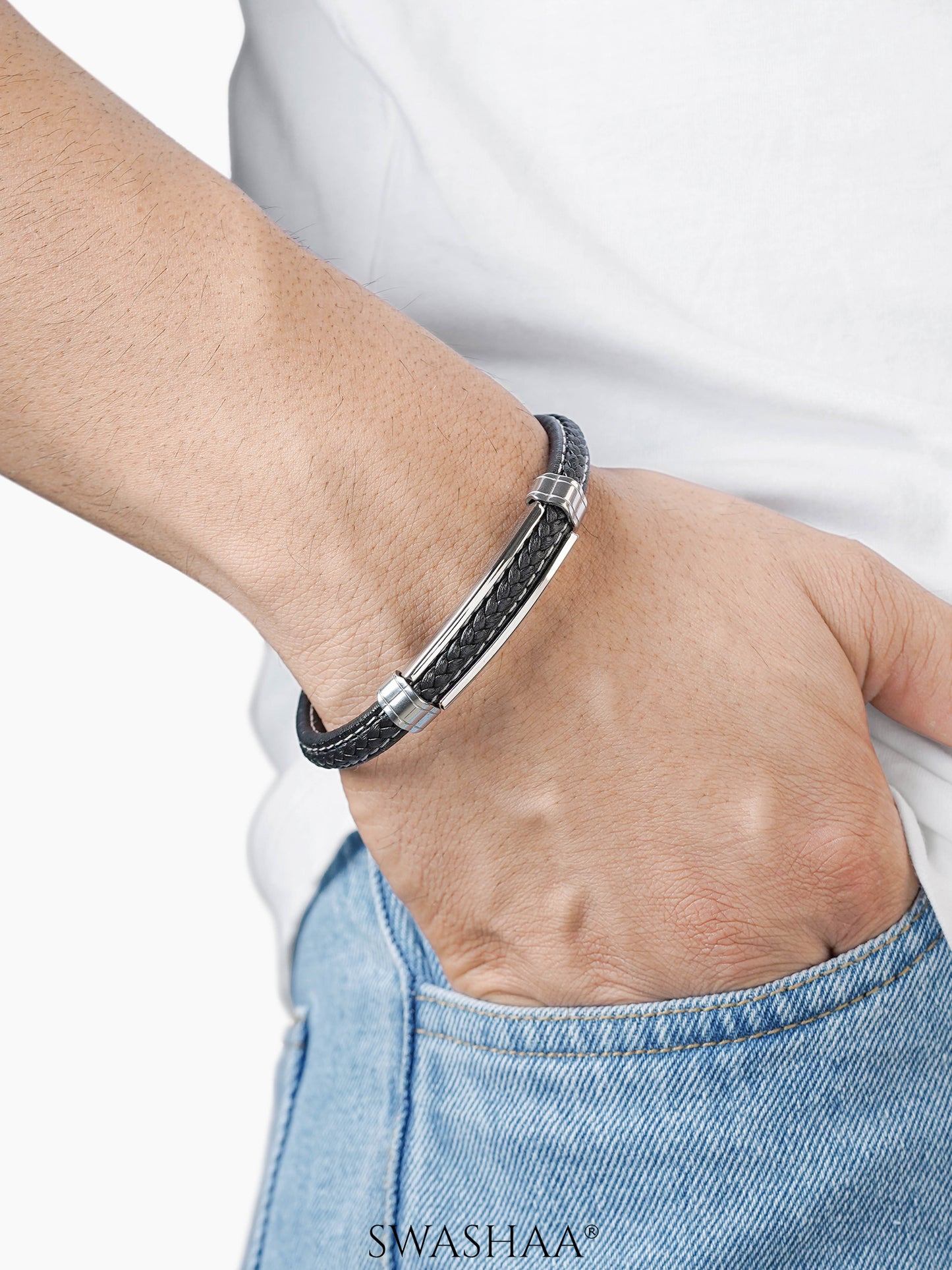 Griffin Dual Strand Black Grey Band Men's Leather Bracelet
