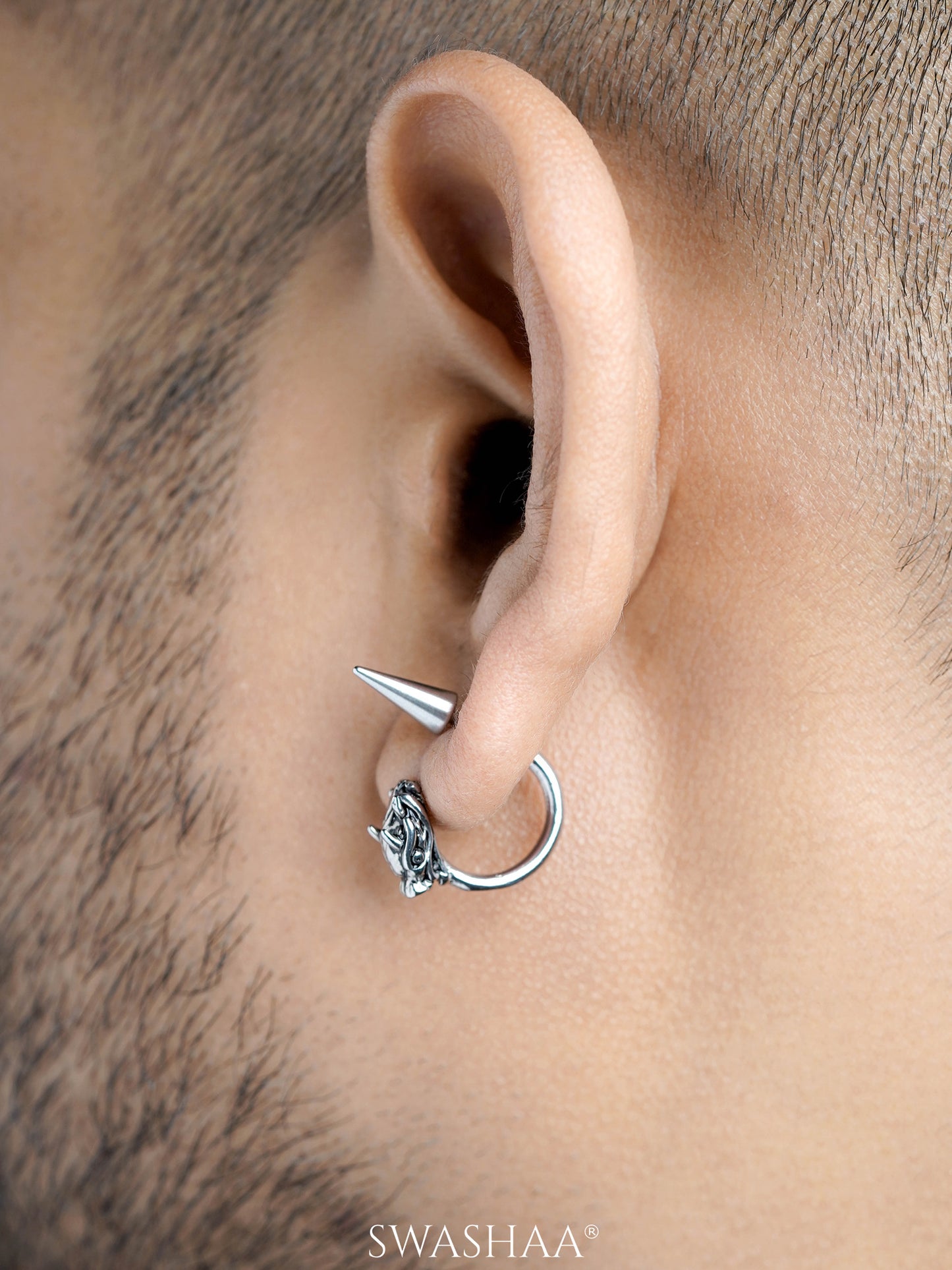 Joshua Animal Head Motifs Silver Men's Hoop Earrings