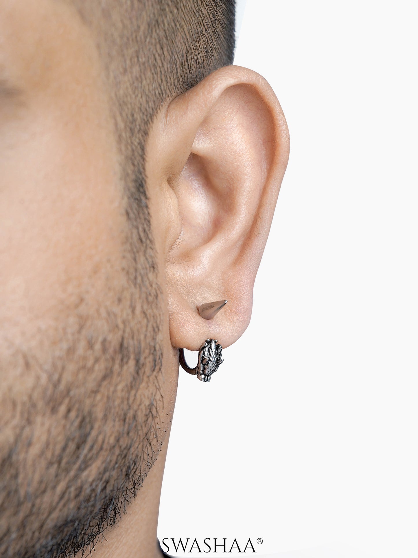 Joshua Animal Head Motifs Silver Men's Hoop Earrings