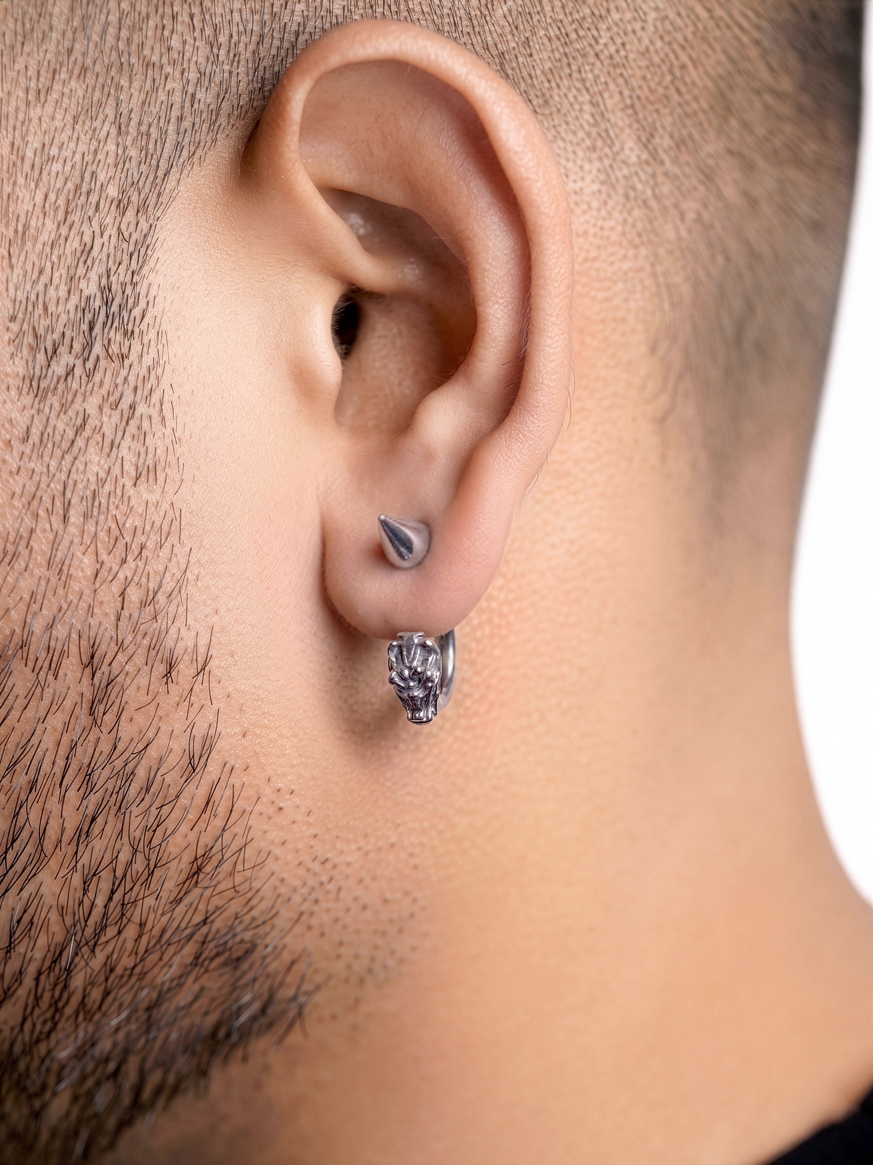 Joshua Animal Head Motifs Silver Men's Hoop Earrings