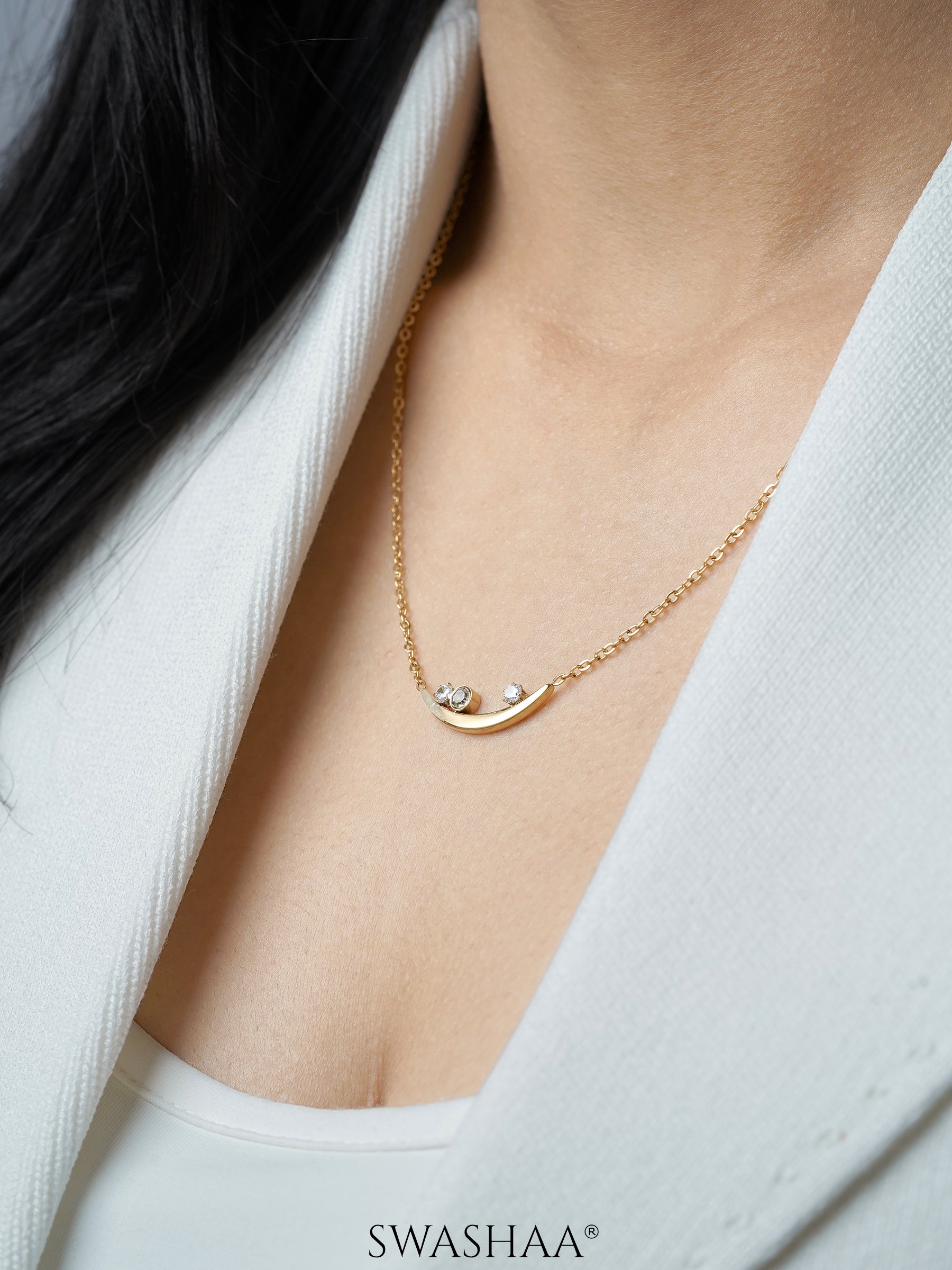 Jules Diamond Stones Charm Crescent Silver Chain Pendant Necklace