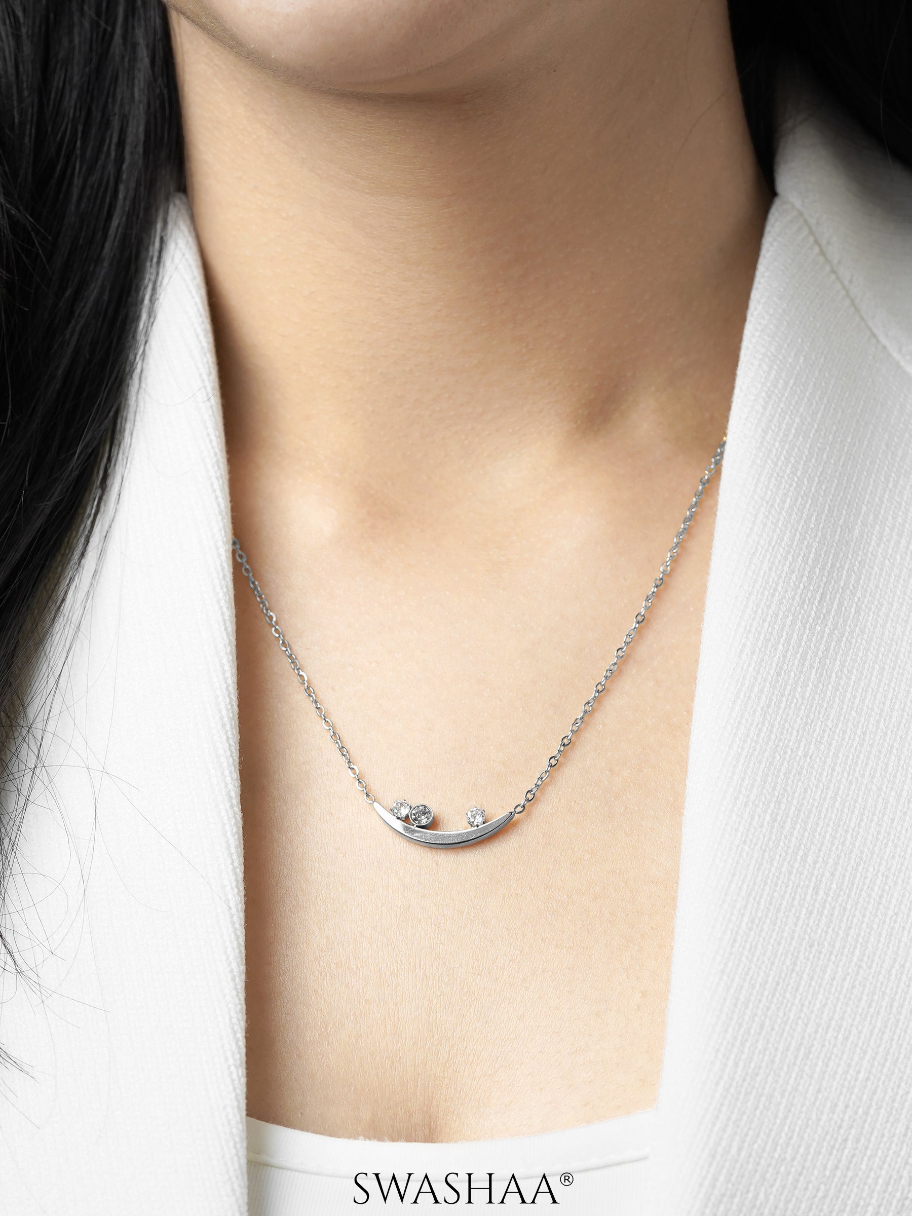 Jules Diamond Stones Charm Crescent Silver Chain Pendant Necklace