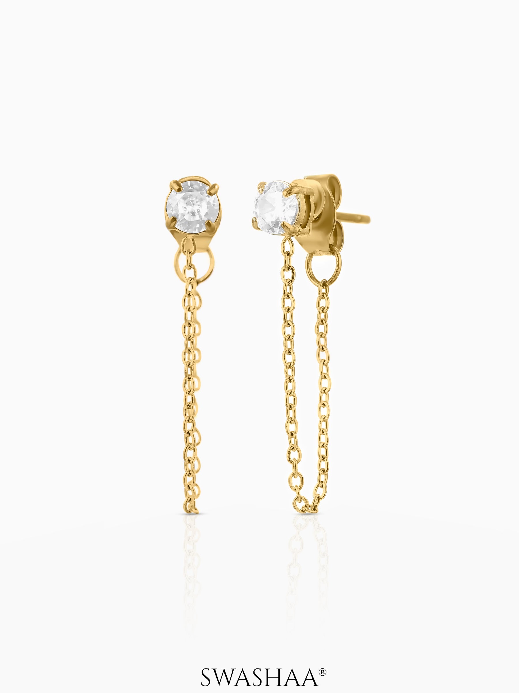Juliette Solitaire Studs 18K Gold Plated Chain Drop Earrings