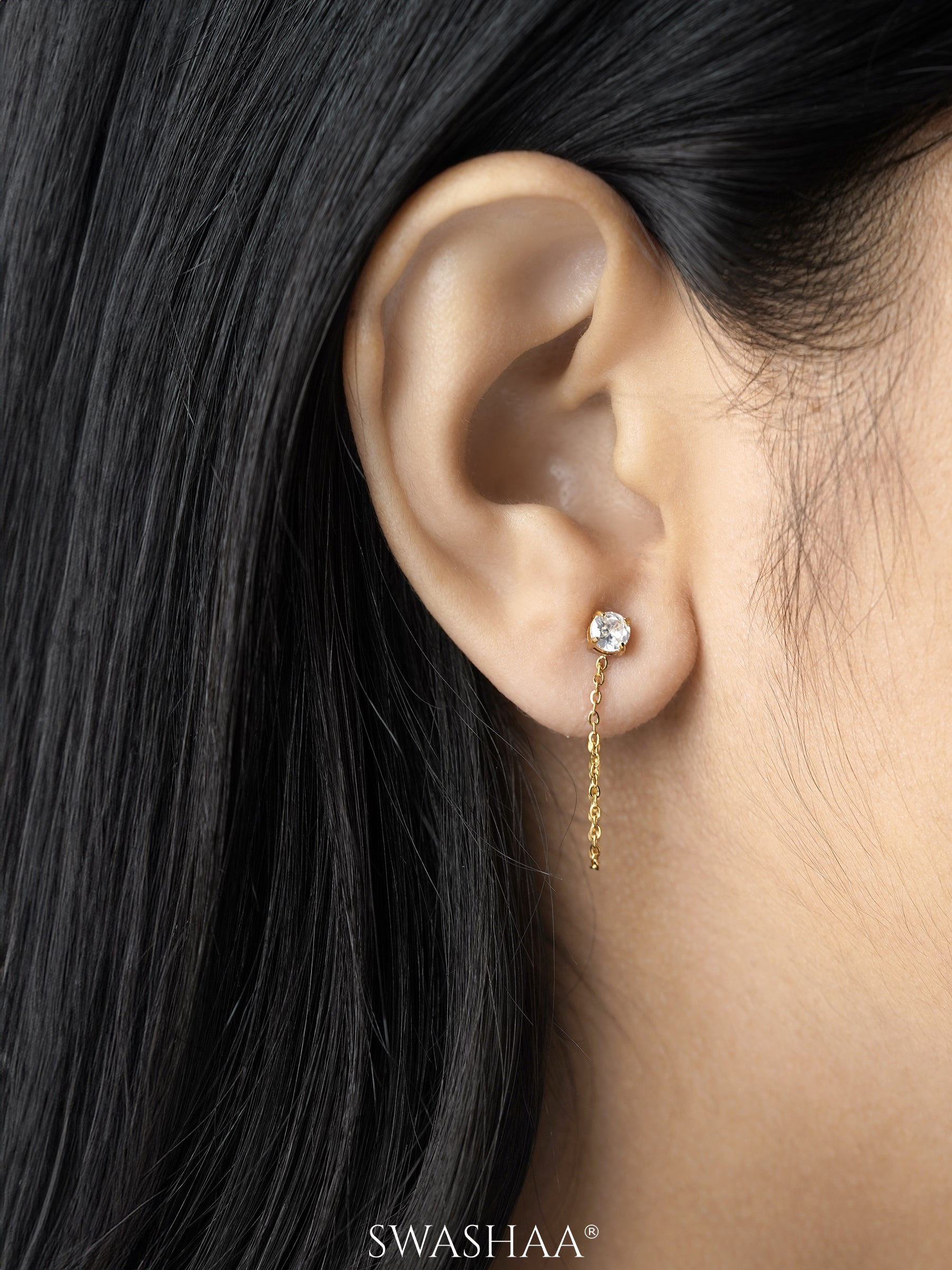 Juliette Solitaire Studs 18K Gold Plated Chain Drop Earrings