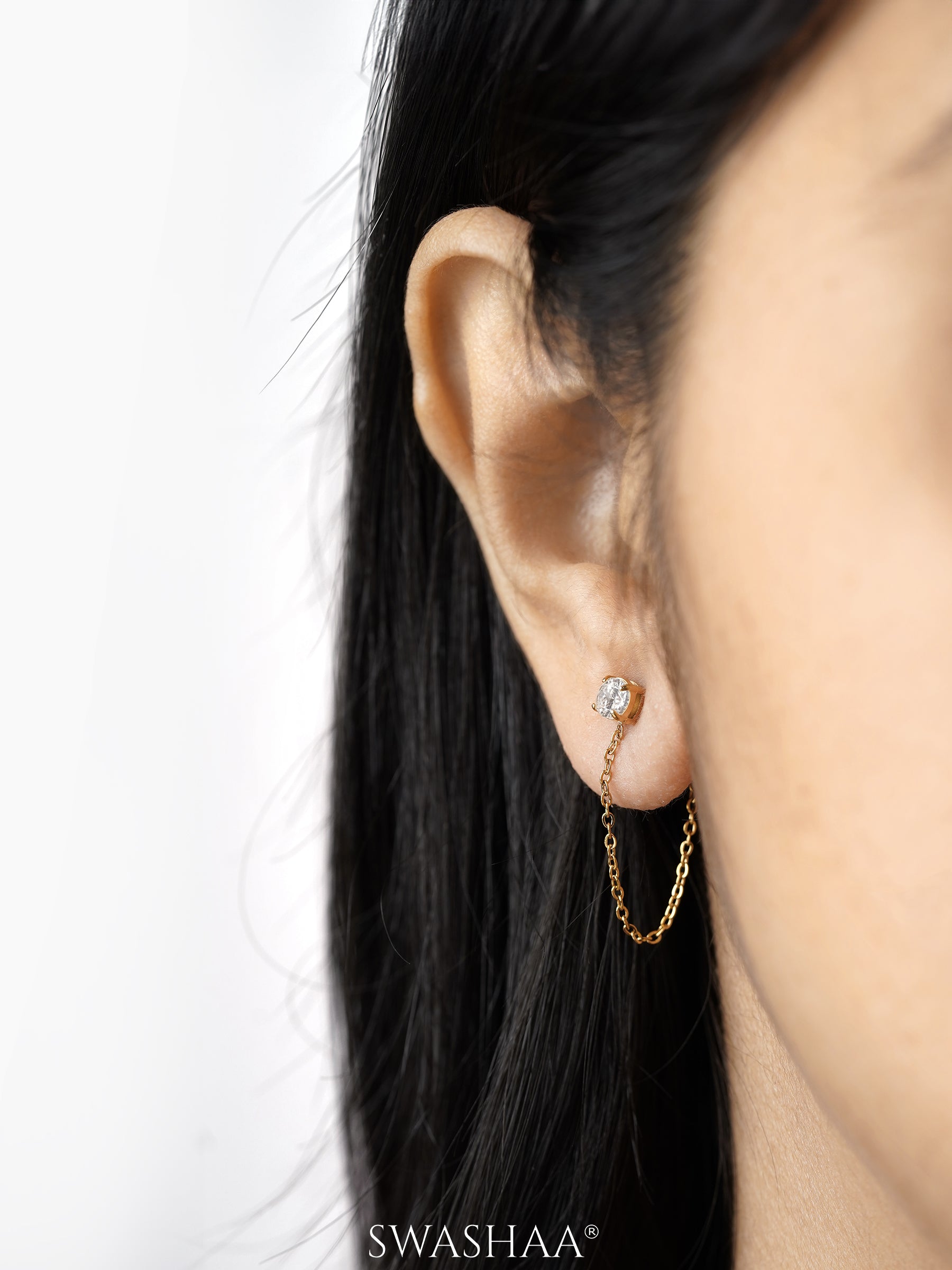 Juliette Solitaire Studs 18K Gold Plated Chain Drop Earrings