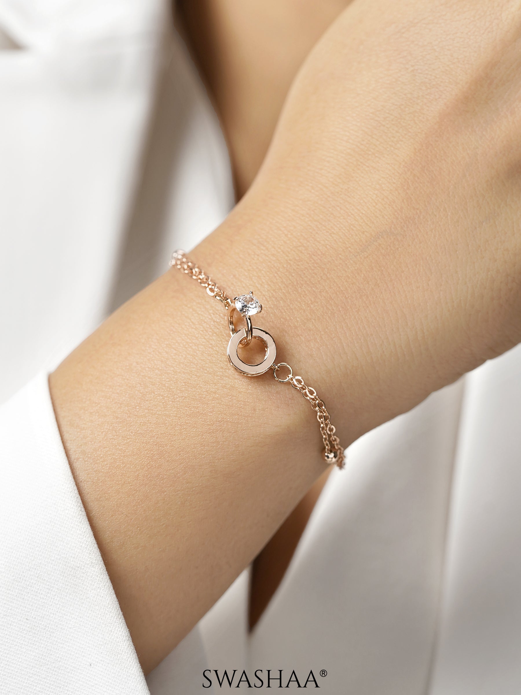 Just Got Hitched Round Ring Charm Layered Rosegold Plated Loose Chain Bracelet