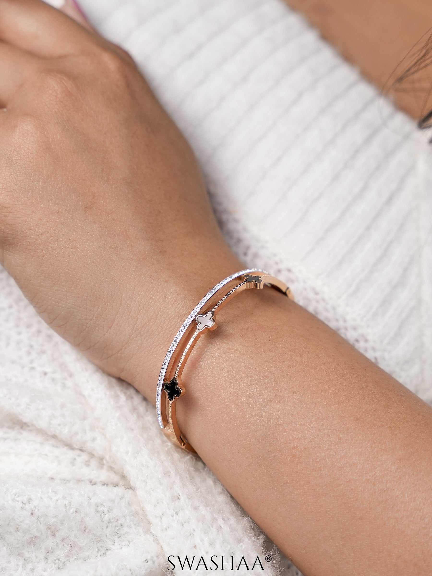 Kinsley Twin Layered Black White Clover Charm Diamond Rosegold Plated Bracelet