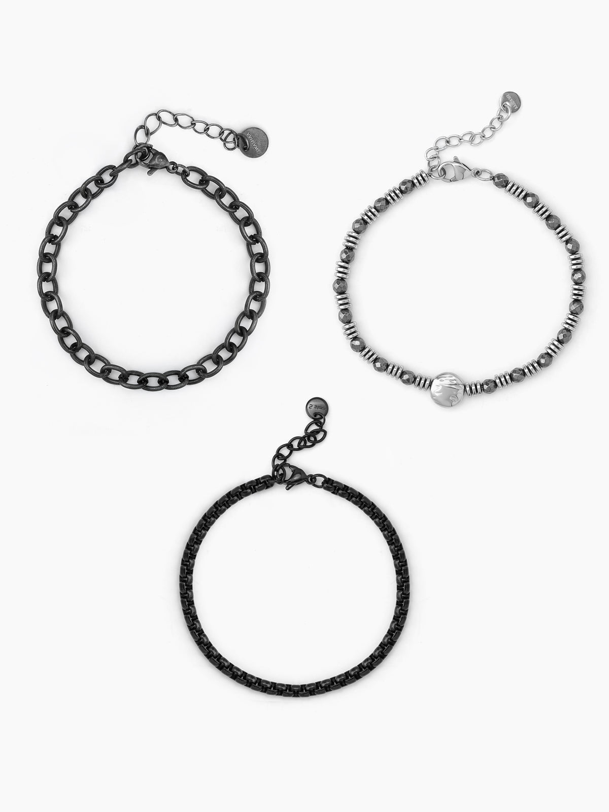 Kaelith Beaded Chain Link Black - Silver Men's Bracelet Set