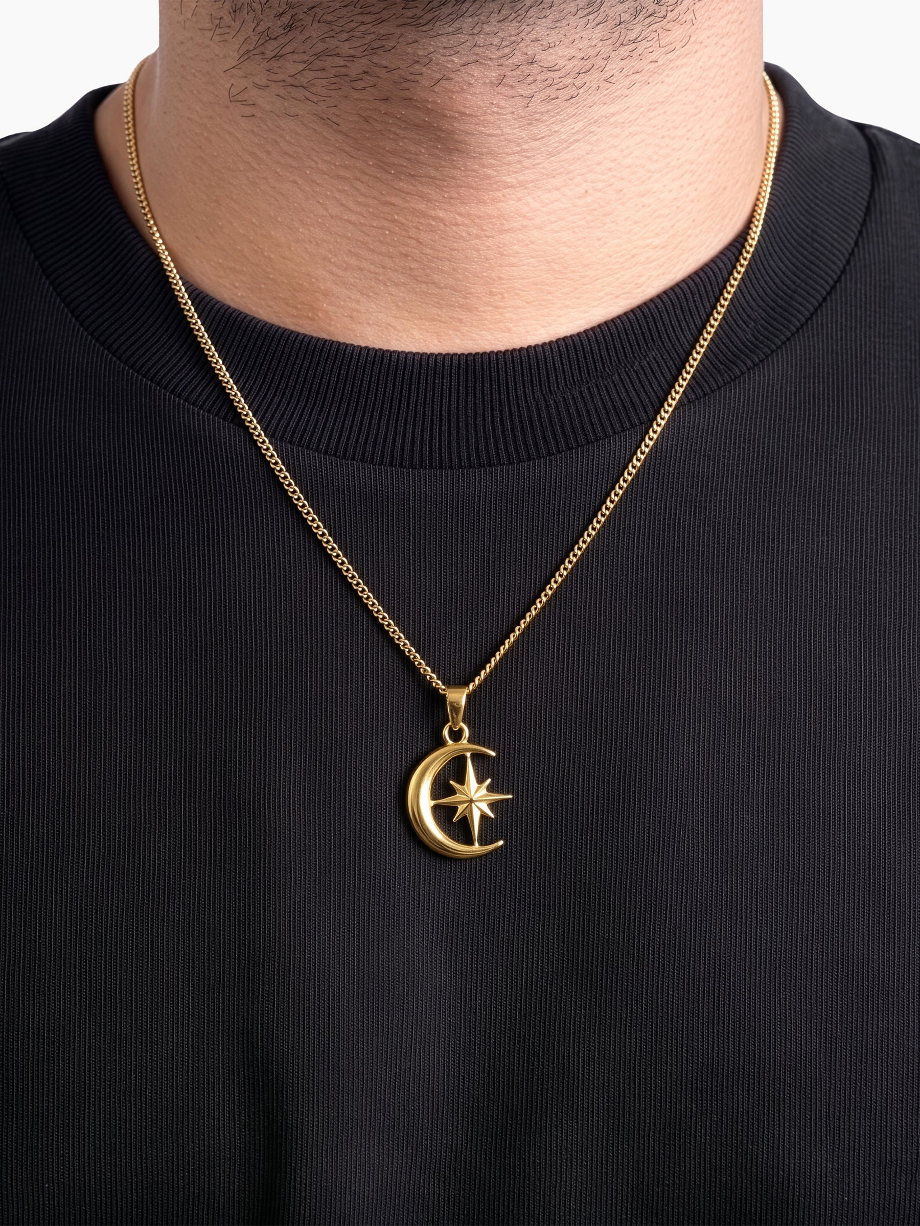 Kaelor Celest Crescent Moon Sharp Star Charm 18K Gold Plated Men’s Chain Pendant