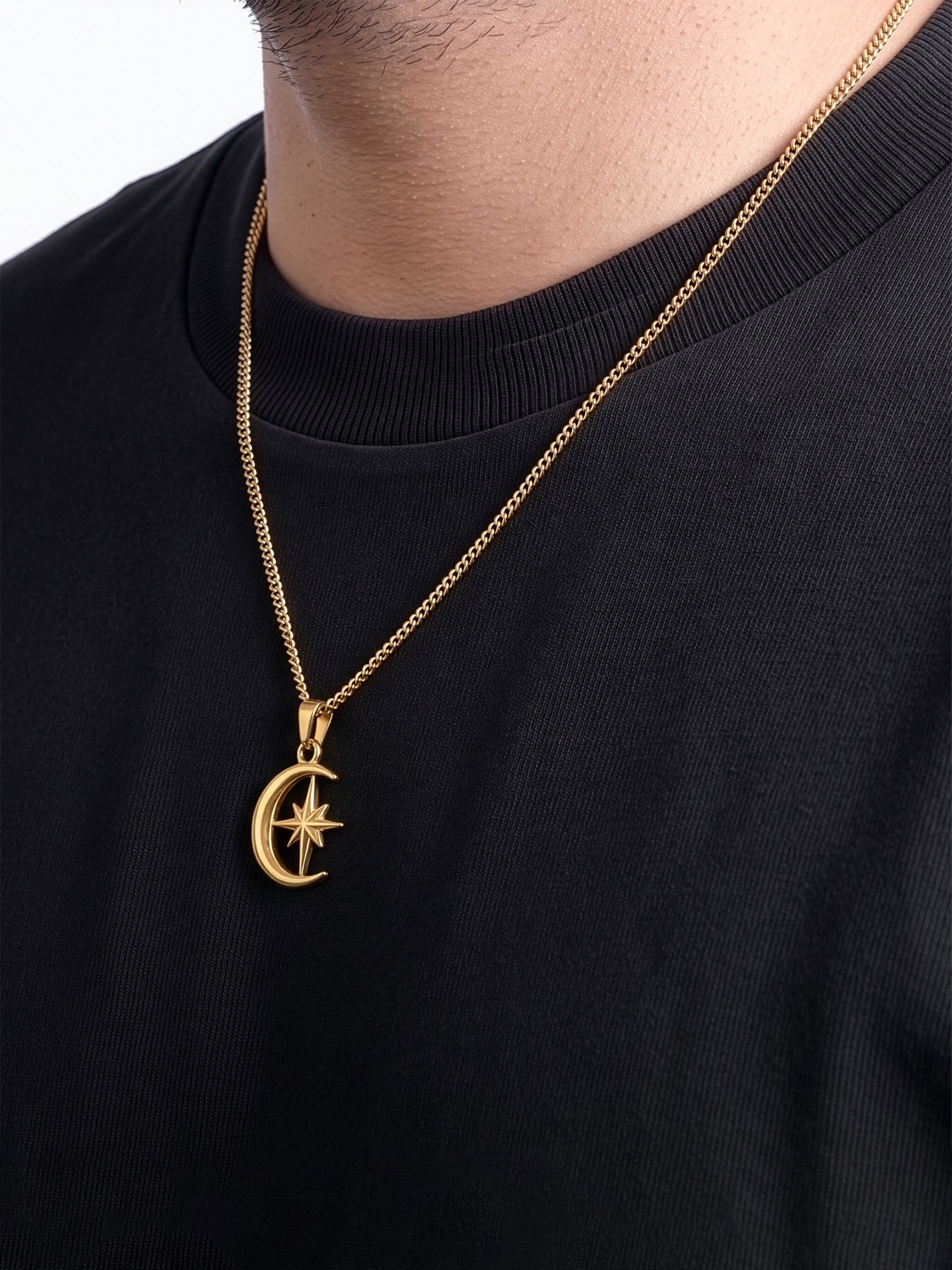 Kaelor Celest Crescent Moon Sharp Star Charm 18K Gold Plated Men’s Chain Pendant