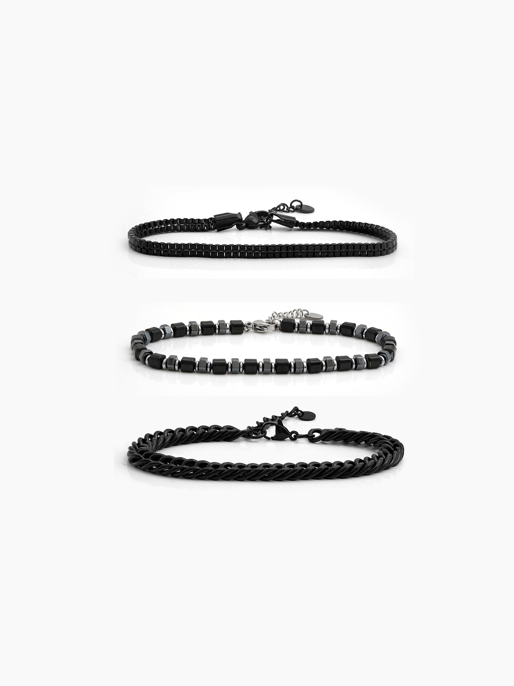 Kaiven Beaded Silver - Black Men’s Bracelet Set - Swashaa