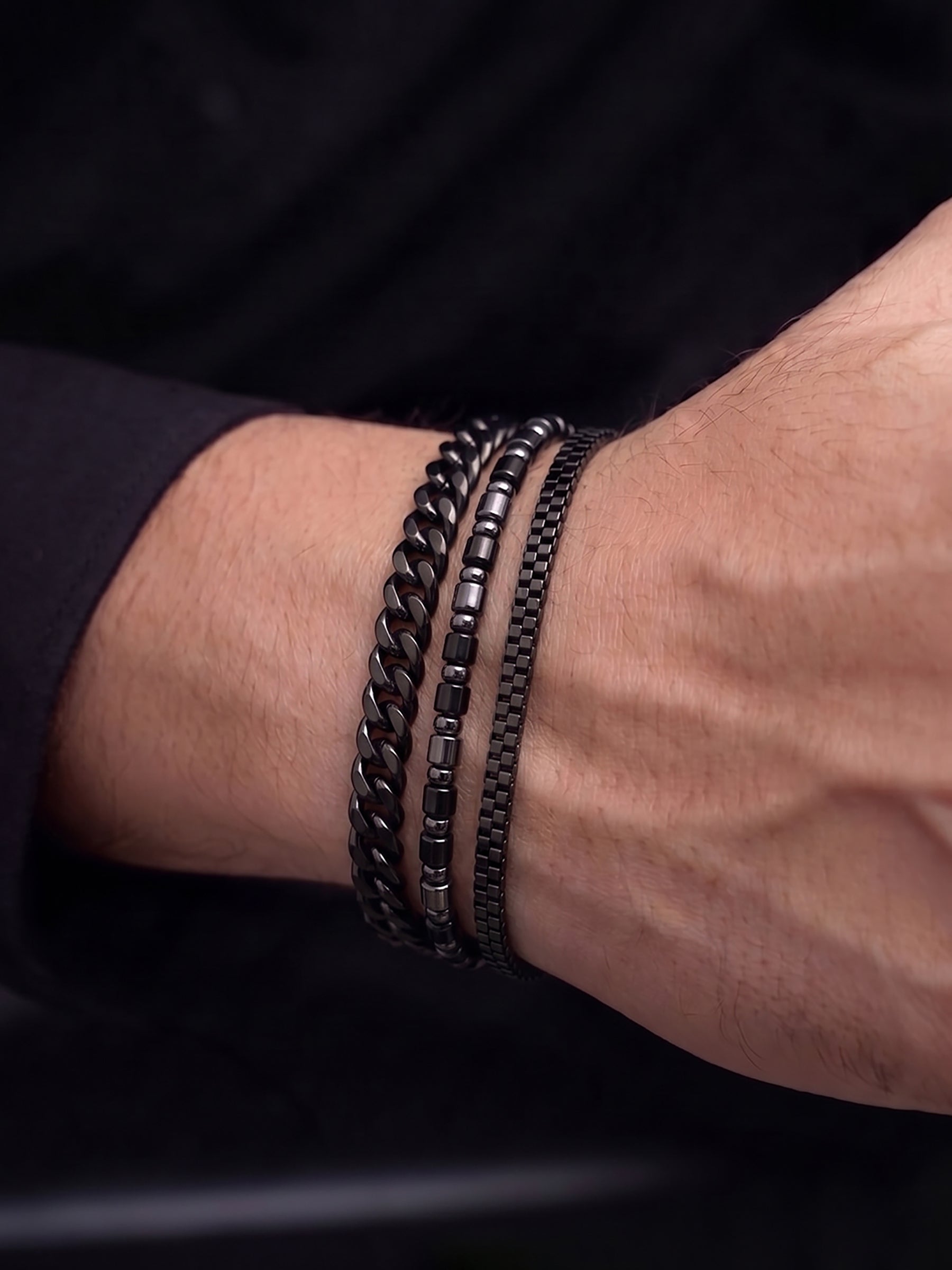 Kaiven Beaded Silver-Black Men’s Bracelet Set - Swashaa